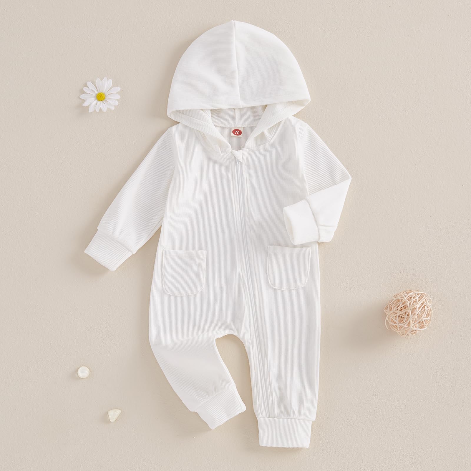 Ynibbim Baby Hooded Romper Newborn Boy Girl Jumpsuit Fall Winter Clothes Infant One Piece Outfit Solid Color