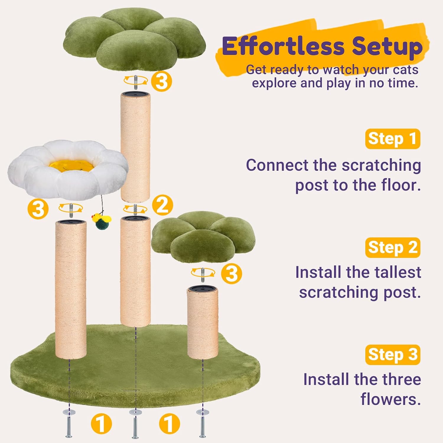 Happy & Polly Flowers Cat Tree Cute Cat Tower 35.4 Inches Multi-Level Stable Condo for Large Cats Easy to Assemble with Scratching Posts Cat Furniture Activity Center for Kitten
