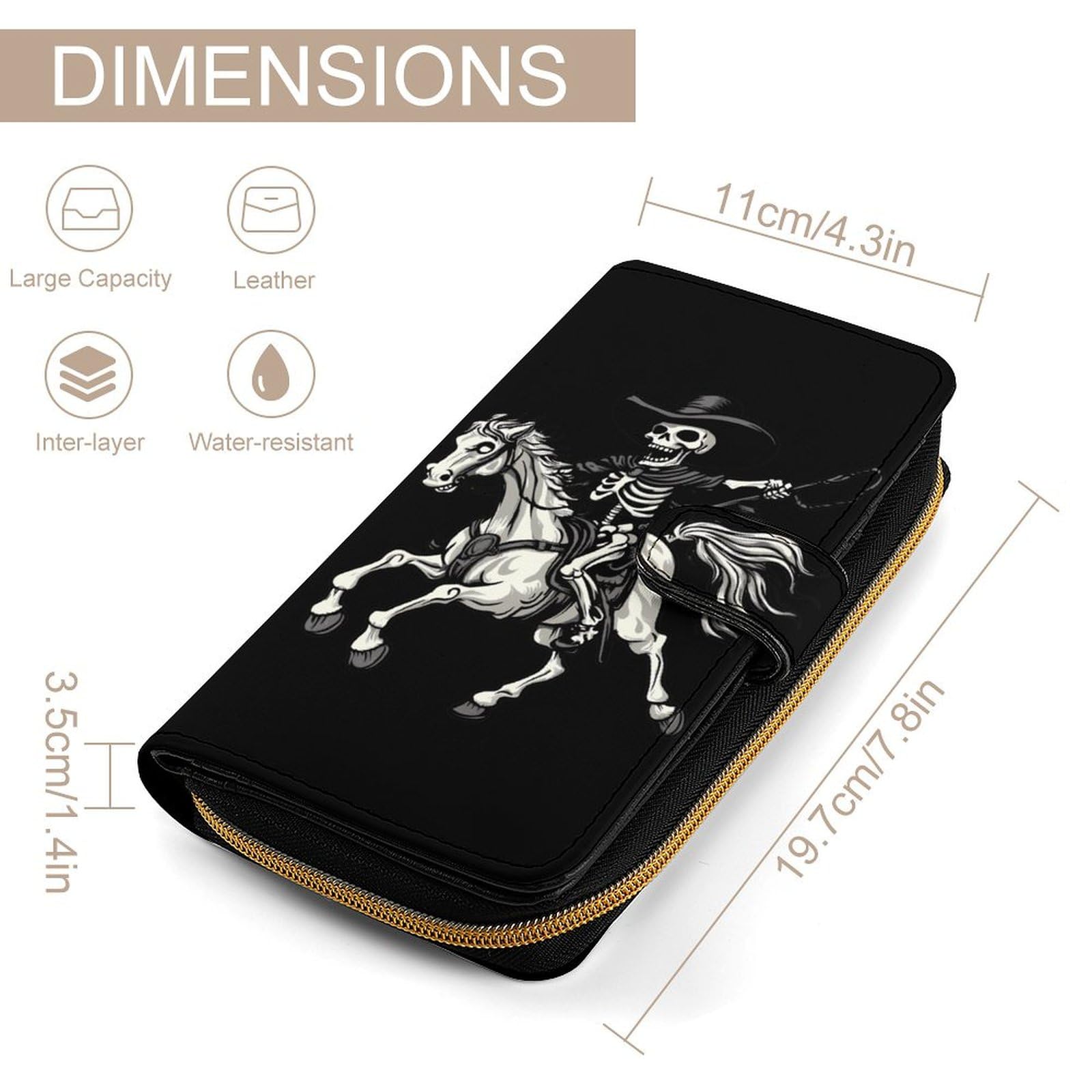Skeleton Riding Horse Print Long Wallet PU Leather Credit Card Holder Durable Zippered Purse Clutch Wallet