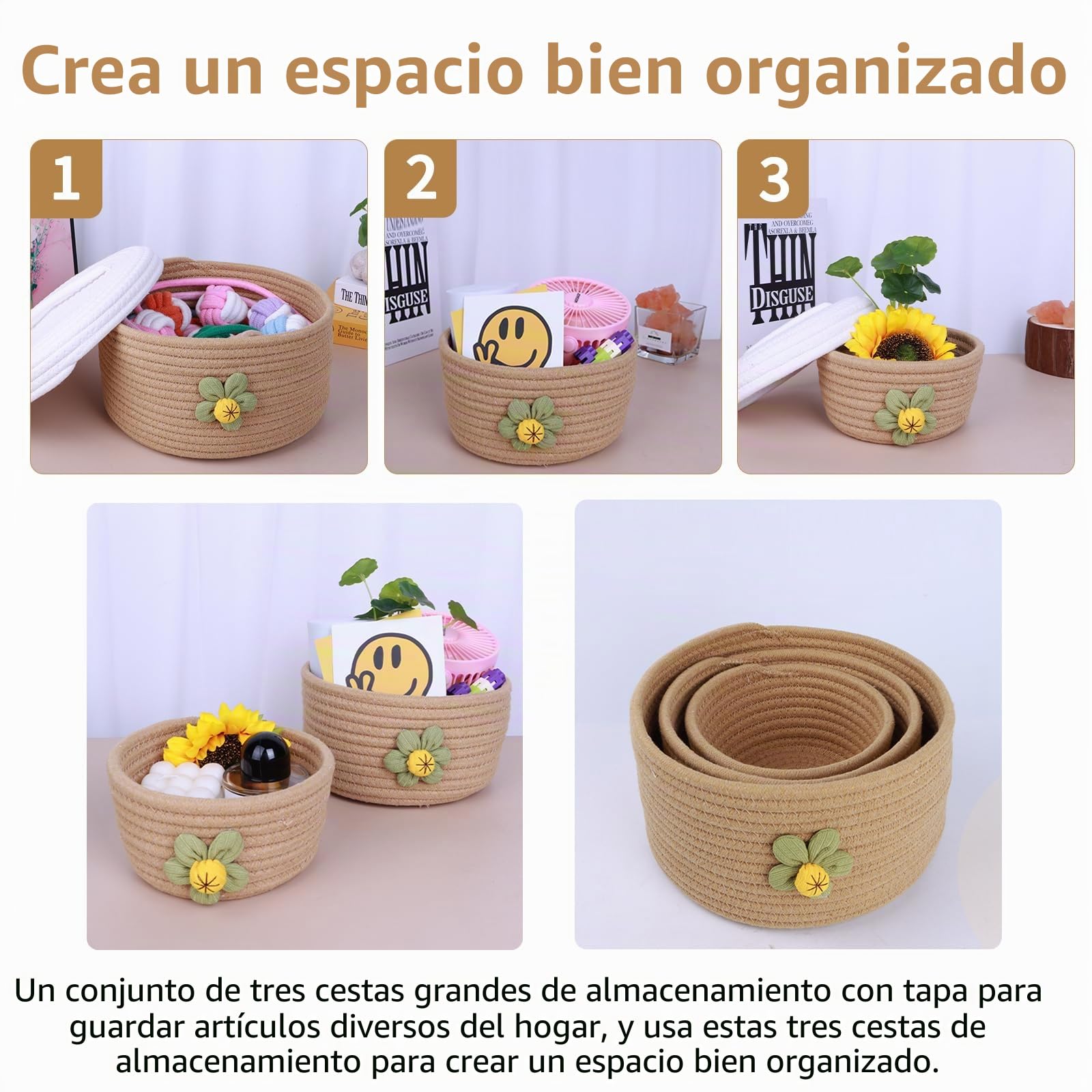Un juego de tres grandes cestas de almacenamiento cubiertas, hechas a mano, estilo fresco, decoración de escritorio, organización de artículos diversos del hogar
