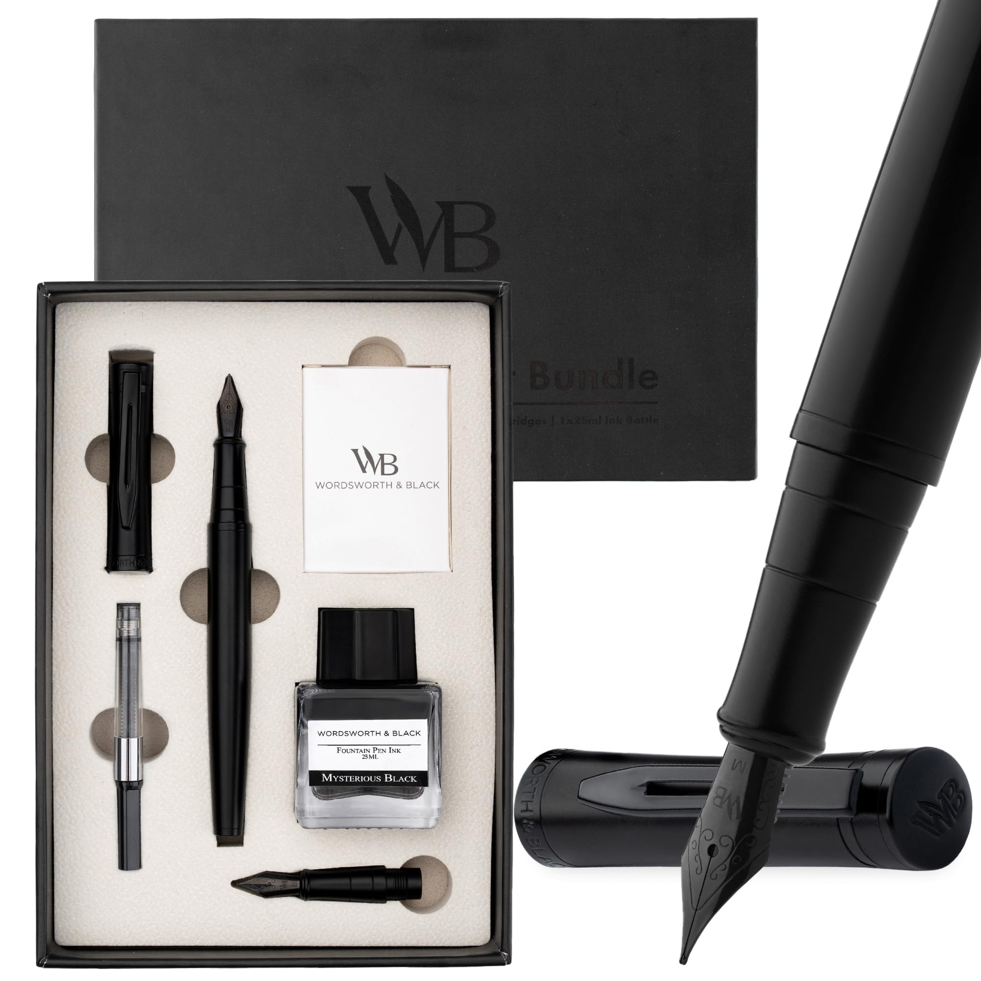 Wordsworth & Black Fountain Pen Set, 18K Gilded Medium and Extra Fine Nib, 25ML Black Ink Bottle, 6 Ink Cartridges,Refill Converter,Gift Box,Smooth