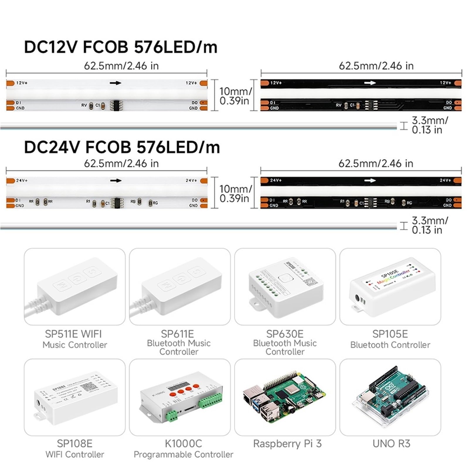 Tira de Luces LED 576 LED WS2811 Color de sueño direccionable 10 mm DC12V 24 V Alta flexibilidad Fob COB WS2812B Luces RA90(3-m,DC24V White PCB)