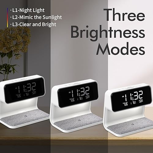 Miniatura 5 de SCOAGE Reloj despertador de carga inalámbrica de 15 W máximo para personas que duermen pesadas, reloj digital con fecha y temperatura, luz nocturna,