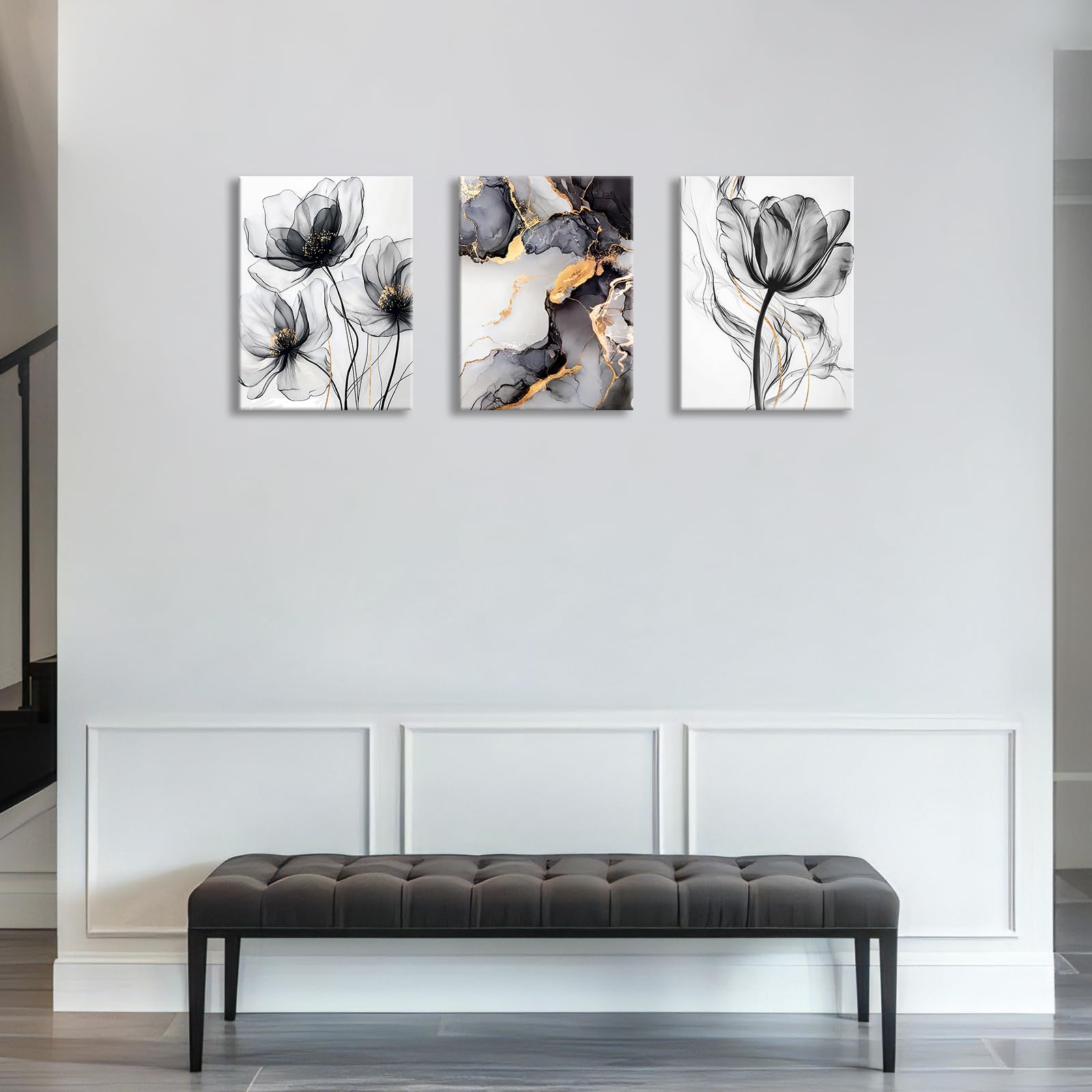 3 Pcs Wooden Framed Canvas Wall Art Canvas Prints Watercolour Poppy Flowers Painting Marble Black Ash Gold Abstract Pictures for Living Room Bedroom Bathroom Home Wall Decoration 30x40 cm x3pcs - Image 2