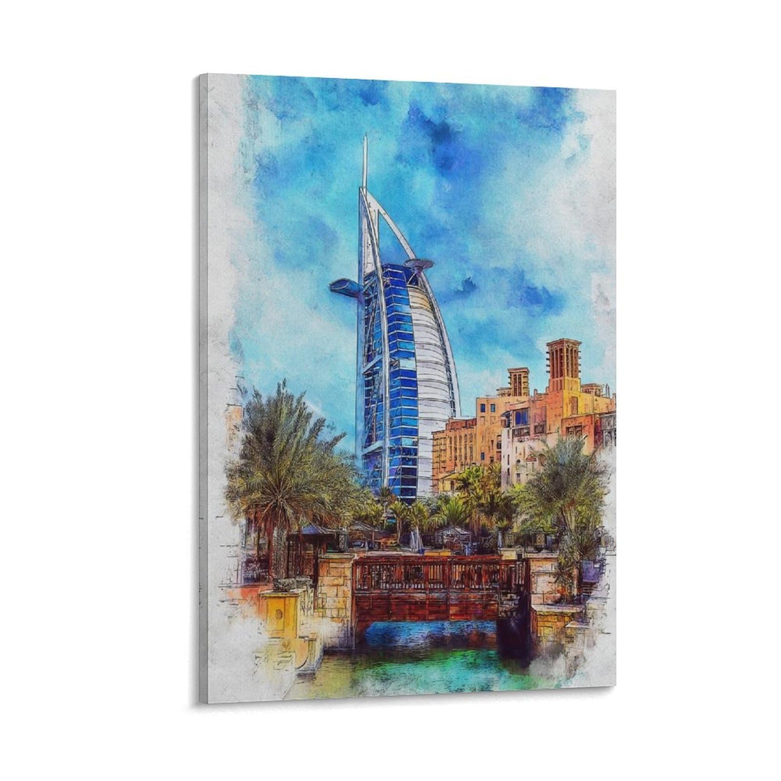 Cnaheiz Frame-Style Dubai Burj Al Arab 24X36inch(60X90cm) Vintage Travel Poster Watercolor Canvas Art
