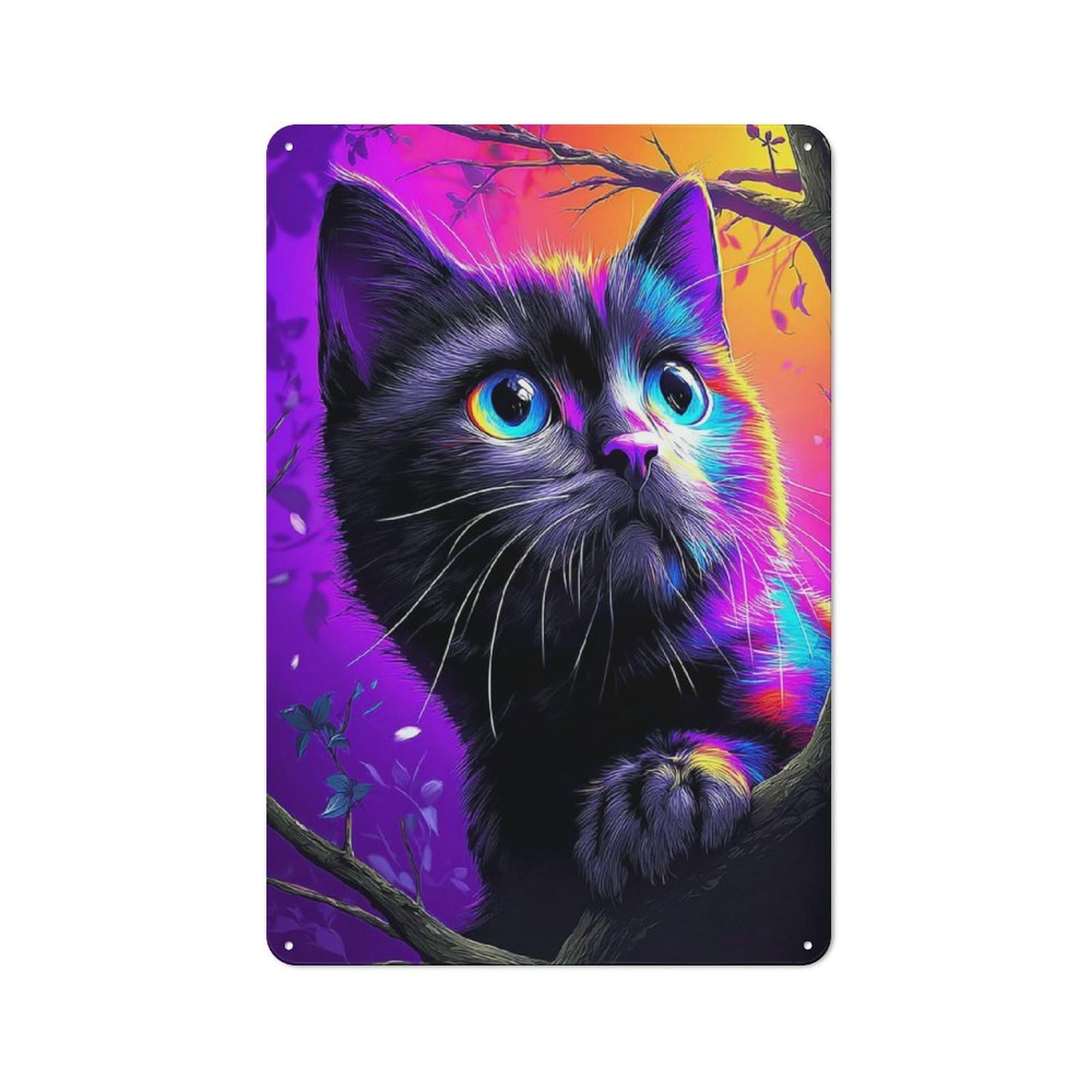 Junmoney Neon Rainbow Kitten On Branch Metal Sign 30X20cm, Vintage Bar Wall Plaque For Diner, Restaurant, Shed Or Kitchen