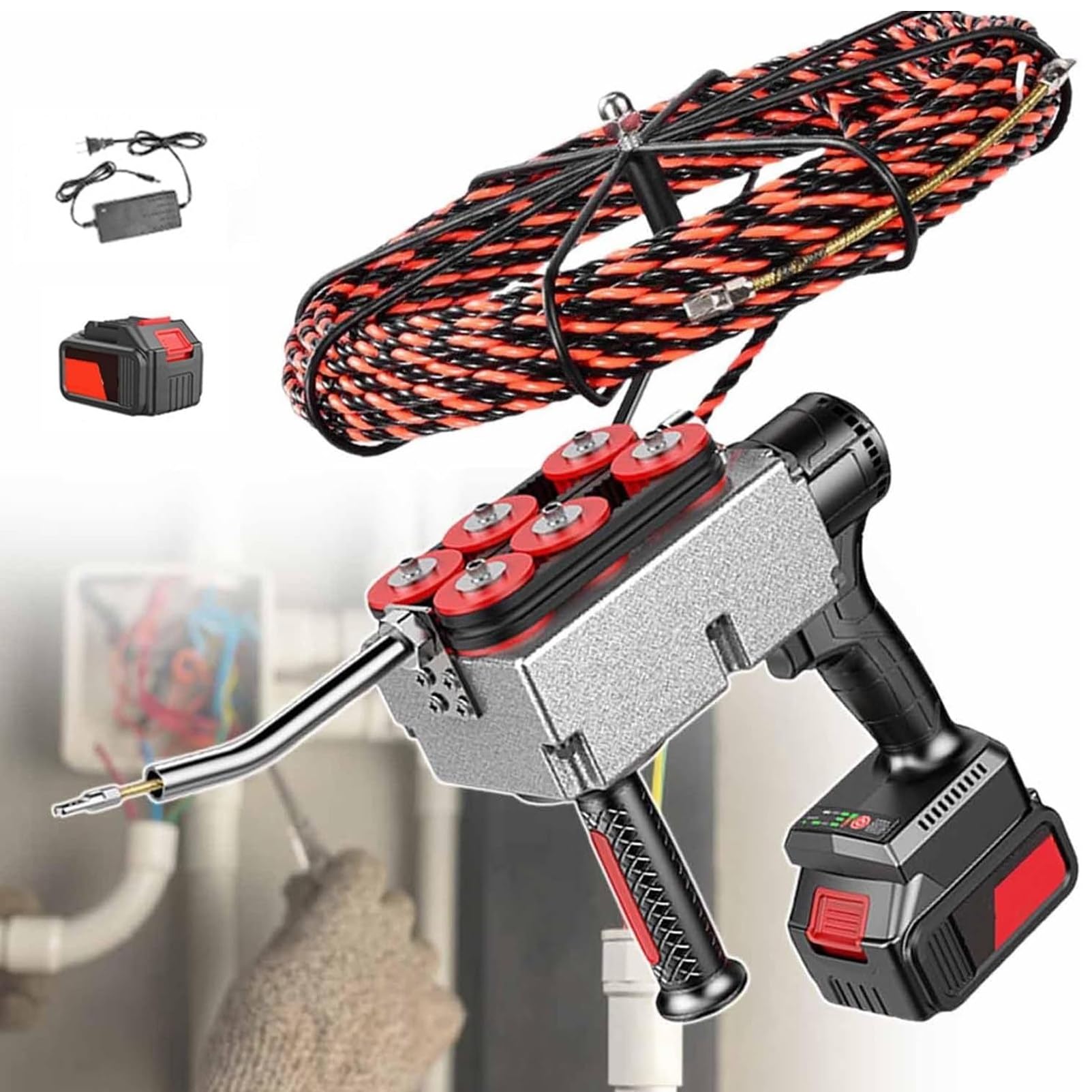 Pnpaea Automatic Cable Threading Tool,Cable Pulling Wall Wiring Machine,Hydroelectric Electrical Drill Wire Puller,for Frontline Construction Technicians 30MeterLeadWire-1battery(10cells)