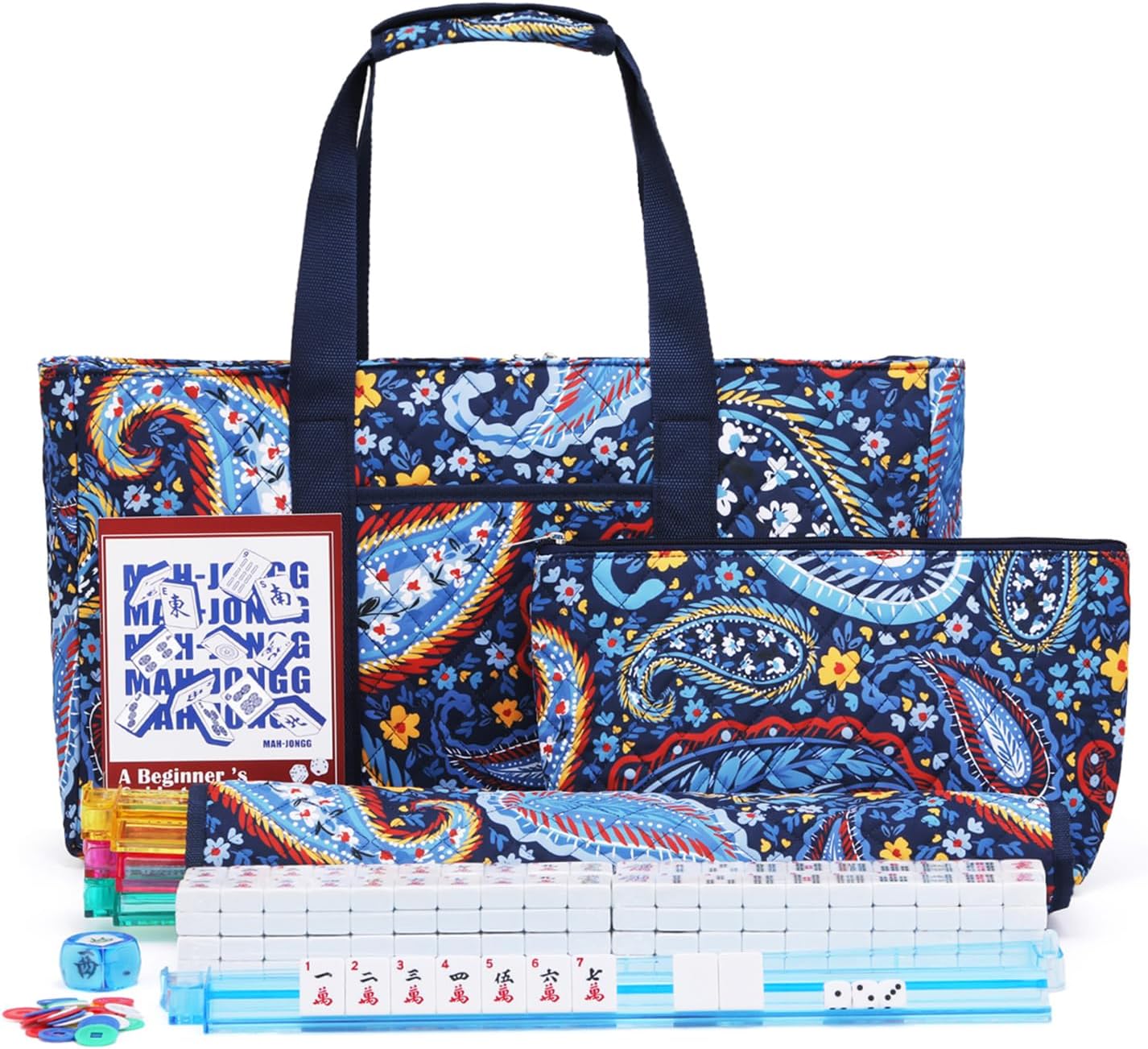American Mahjong Tile Set with Navy Printed Carrying Bag, 166 Premium White Tiles, 4 All-in-One Color Racks/Pushers, Mah Jongg Sets, Complete Mahjong Game Set for Travel