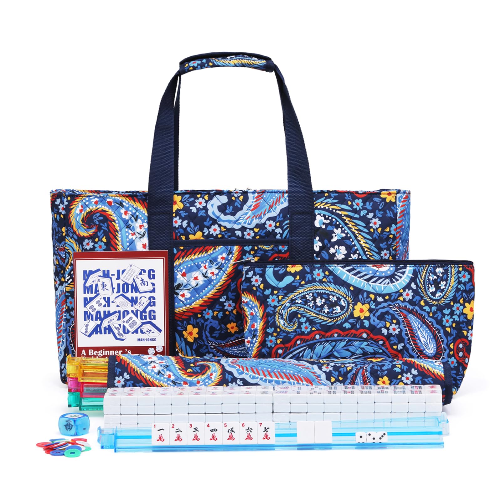Kyerlish American Mahjong Tile Set with Navy Printed Carrying Bag, 166 Premium White Tiles, 4 All-in-One Color Racks/Pushers, Mah Jongg Sets, Complete