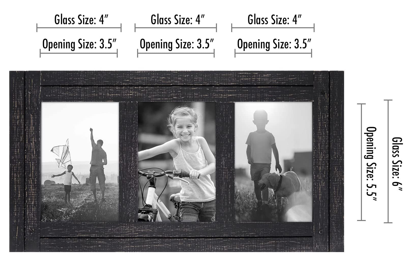 Americanflat 4x6 Triple Picture Frame in Charcoal Black - Distressed Wood Decorative Family Picture Frame with Polished Glass, Includes Hanging Hardware for Wall, and Easel for Tabletop Display