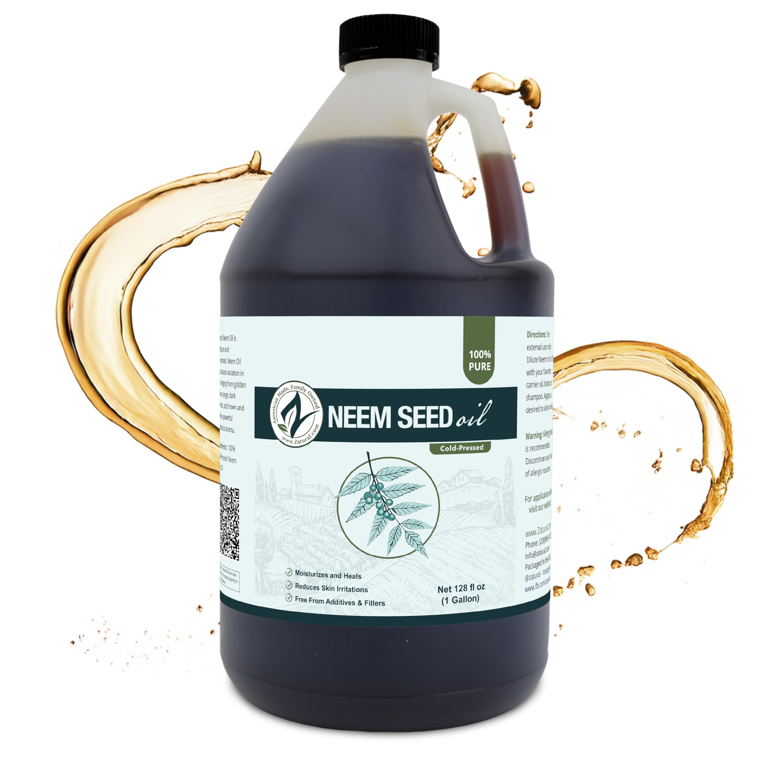 Zatural 100% Pure Neem Oil - Undiluted Cold-Pressed, Uses for Hair, Skin, and Nails, 128 oz