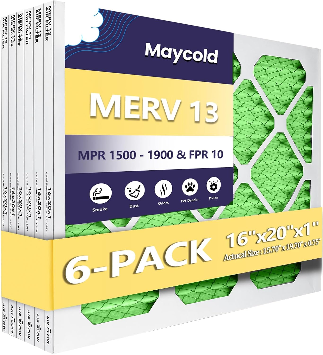 Maycold MERV 13 air filter 16x20x1 (6-pack) individually wrapped