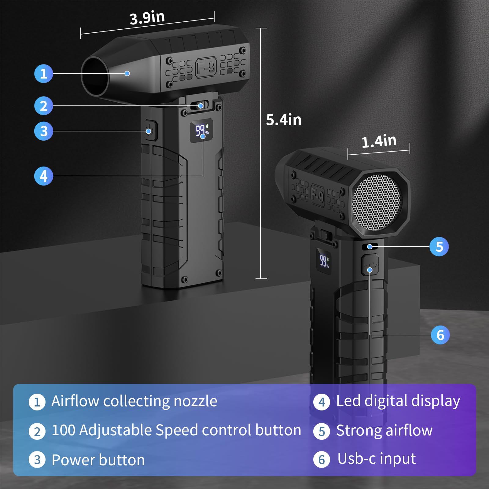 Soplador de Polvo Eléctrico, 110,000 RPM, Velocidad Continuamente Variable, Soplador de Aire Inalámbrico Recargable con luz LED y Pantalla HD, Ideal Para Teclados de Computadora,Staubgebläse