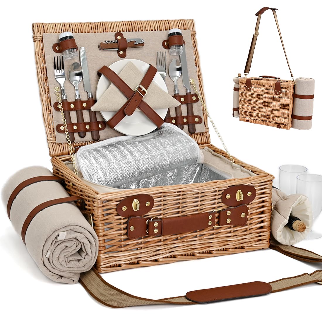 Picnic Basket with Blanket and Wine Pouch for 2, Wicker Picnic Set with Insulated Liner Cooler Bag Hamper for Camping,Wedding - Natural
