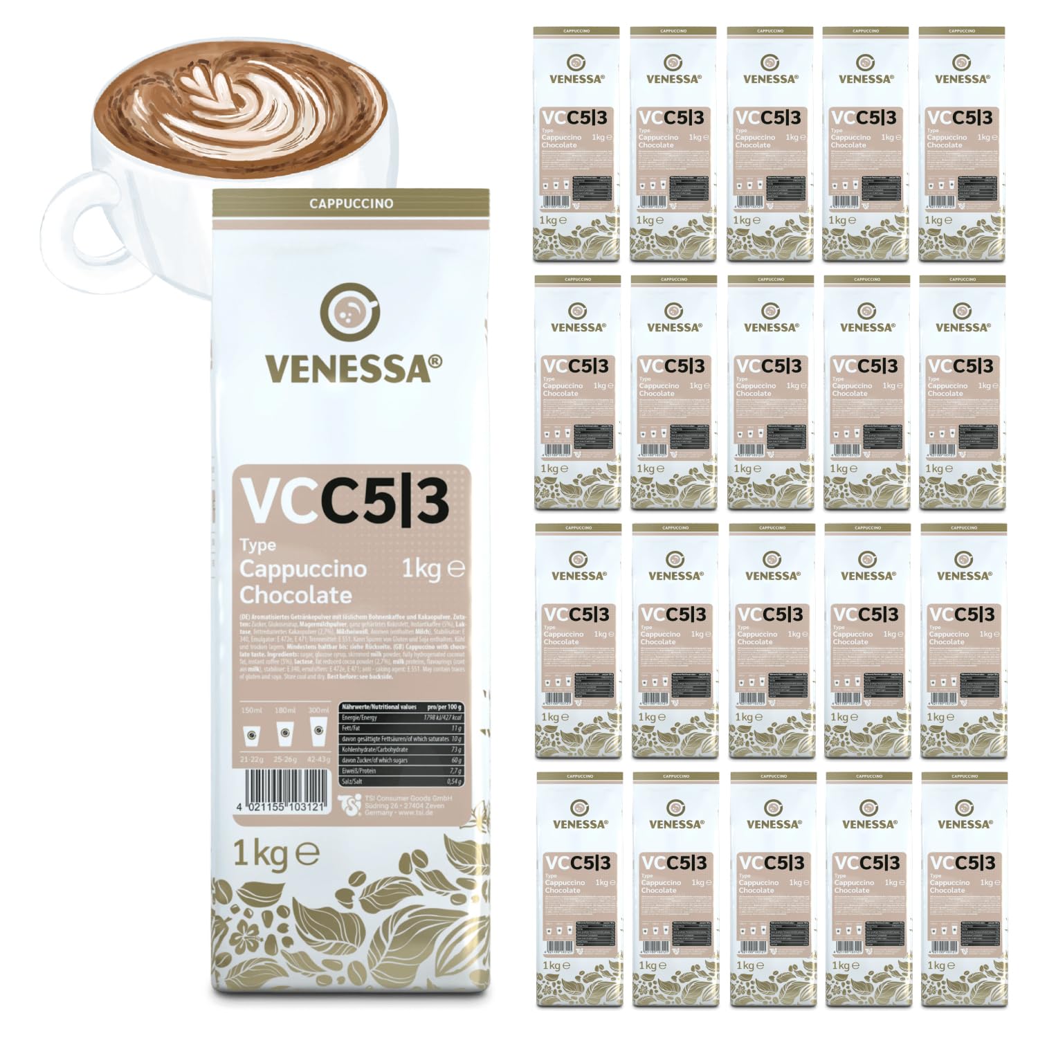 VENESSA Cappuccino Chocolate VC5/3 kremowa gorąca czekolada, kakao w proszku, 20 x 1 kg, z rozpuszczalną kawą i kakao w proszku, nadaje się do wszystkich ekspresów do kawy i Vending