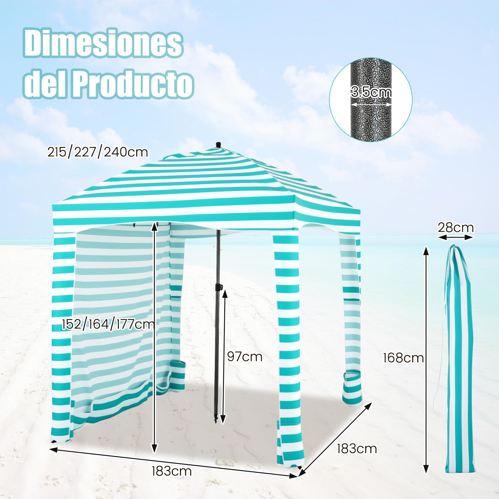 RELAX4LIFE Tienda de Campaña para Playa Plegable 183x183 cm con Altura Ajstable 215-240cm, Toldo con Bolsa, Pared Lateral Desmontable, 8 Bolsas de Arena y Tienda Portátil para Playa/Camping (Turquesa)