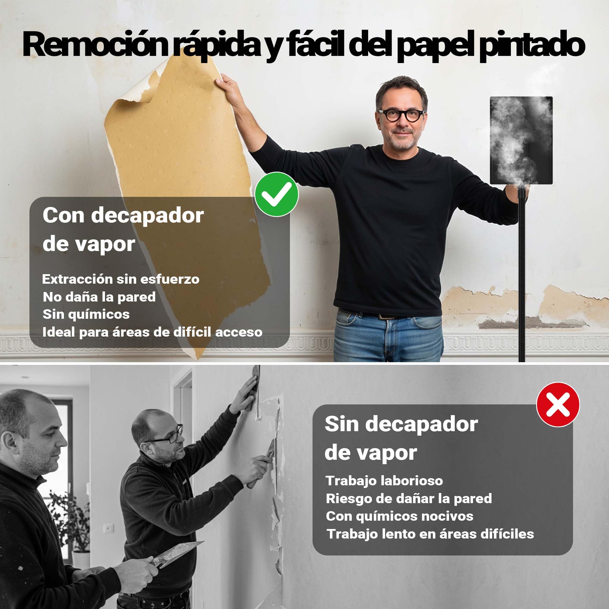 Decapante a vapor para papel pintado 2200W Depósito 4,5L Vapor 70min Desempapeladora Despegadora