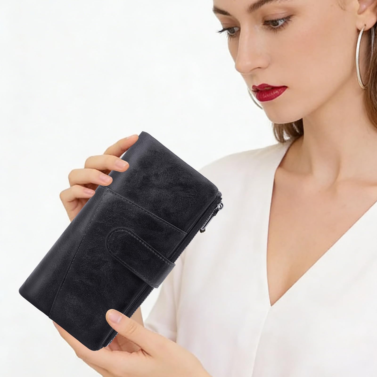 REETEE Carteras de Mujer Grande Cuero PU Monedero Muje Carteras Bloqueo RFID Largo Billetera 2 Grand Bolsillo con Cremallera para Monedas con 23 Ranuras Tarjetas (Negro)