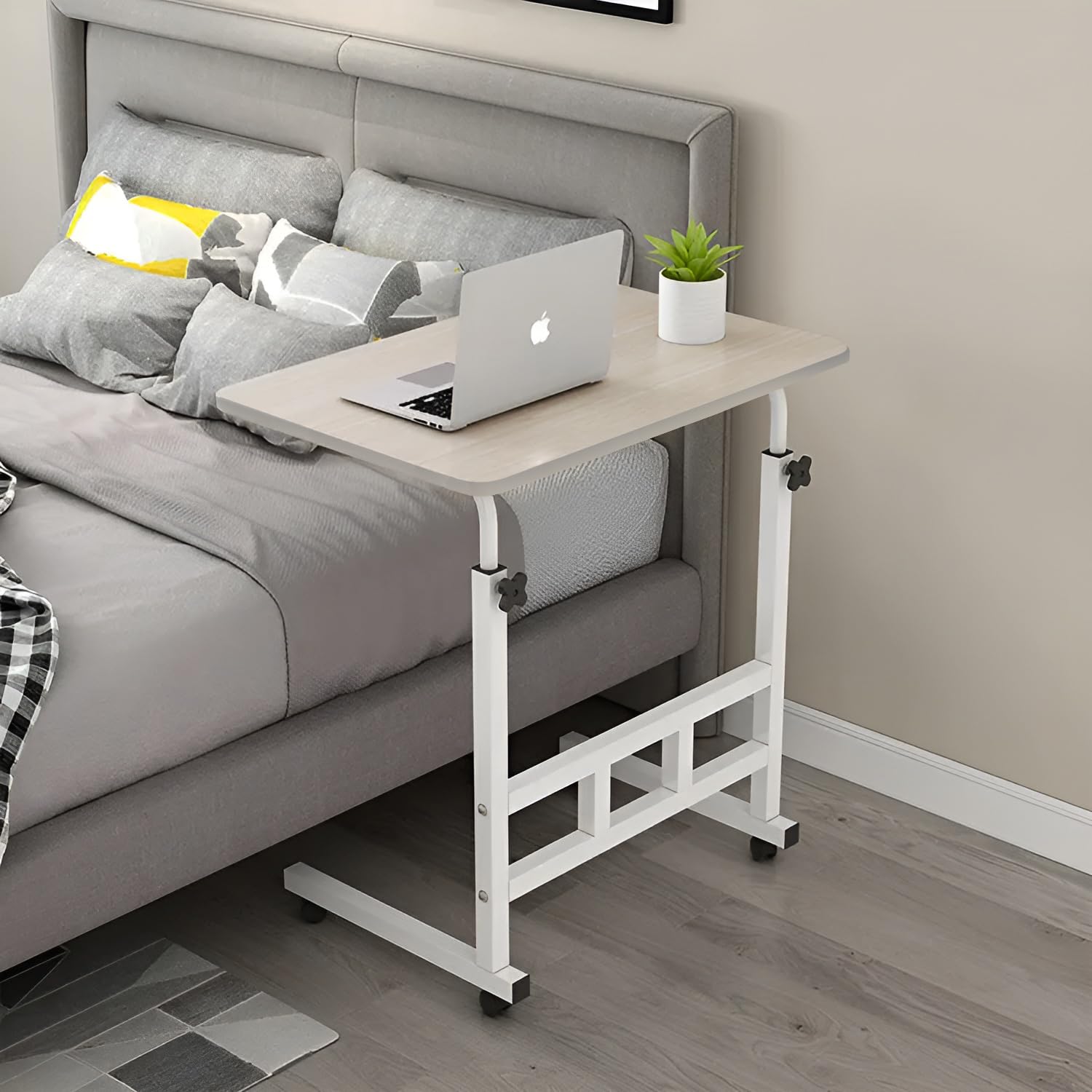 Toshionics Upgraded Metal Base Adjustable Movable Desktop Computer Mobile Laptop Desk Home And Office Desks For Work and Study Moveable Portable Coffee Overbed Tray Bedside Sofa Table (Maple)