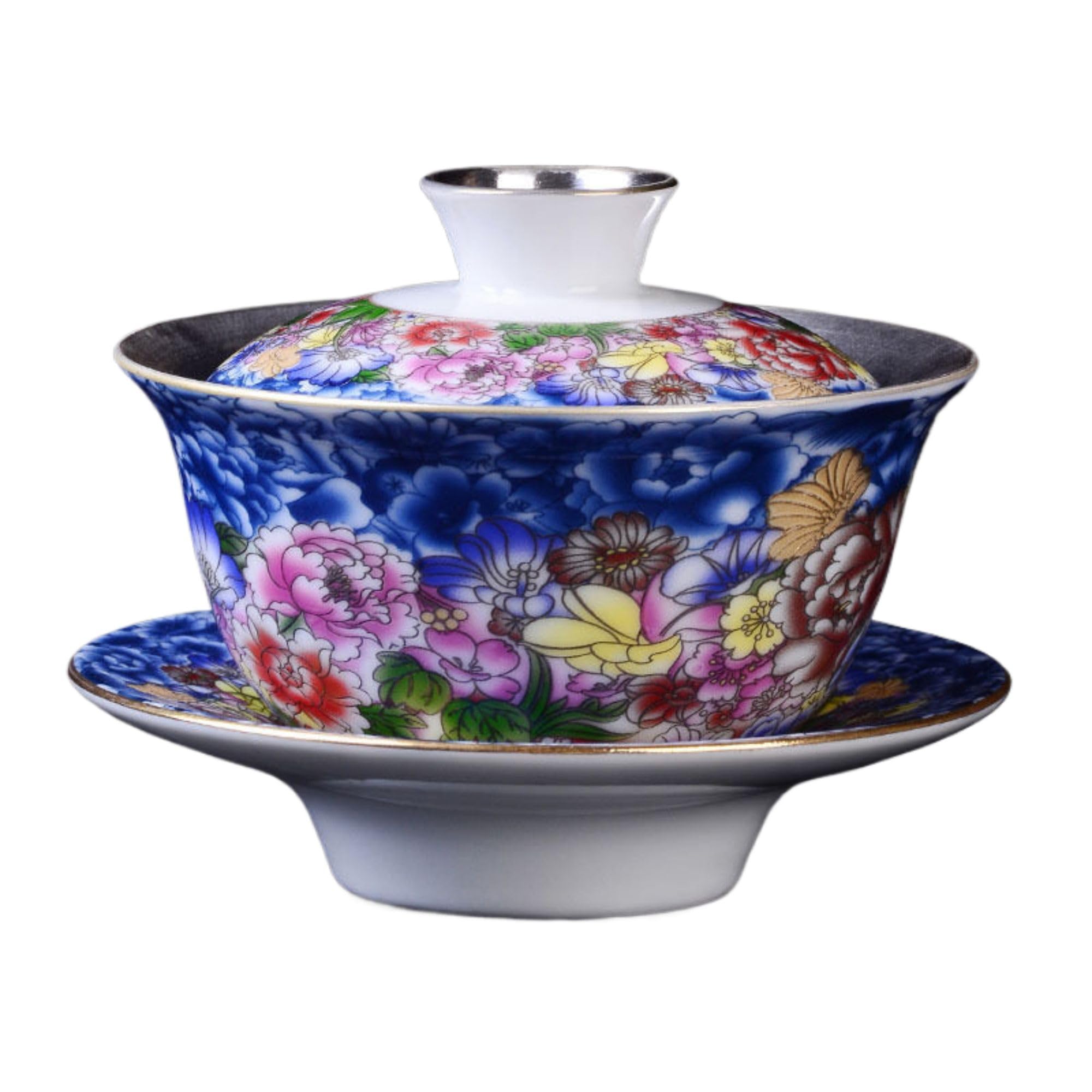 Amazon.com | 景德镇鎏银盖碗茶具纯银茶碗万花瓷泡茶碗陶瓷三才盖碗