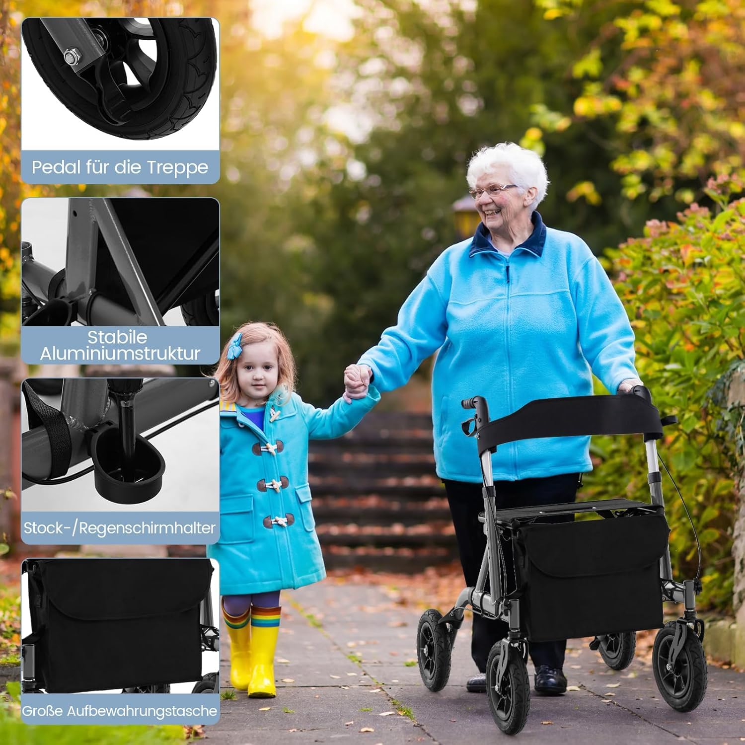 FANTASK Rollator mit Sitz für Senioren, Rollatoren Aluminium 6-fach höhenverstellbar, faltbar und leichtgewicht Laufhilfe mit Luftbereifung, 2 in 1 Rollstuhl & Reiserollator bis 136kg (Schwarz)