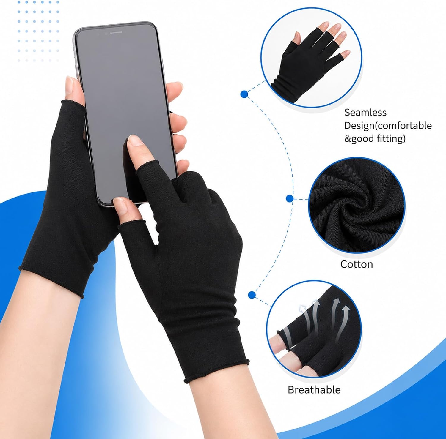 3 Pair Black Cotton Fingerless Gloves, Black Fingerless Moisturizing Gloves | Cotton Gloves Black, Cut 5 Fingertips Overnight Hydration for Dry Hands, Cotton Gloves Fits Most Dry Hands
