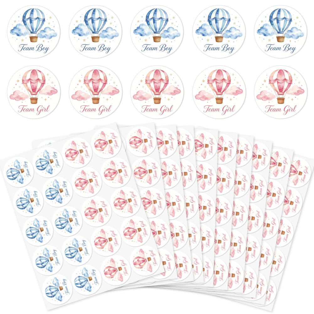 arricraft 200 Pcs Gender Reveal Stickers, 5cm/1.97inch Hot Air Balloon Round Self-Adhesive Gender Reveal Labels Decorations Party Supplies Stickers for Shower Party Voting Game Ideas