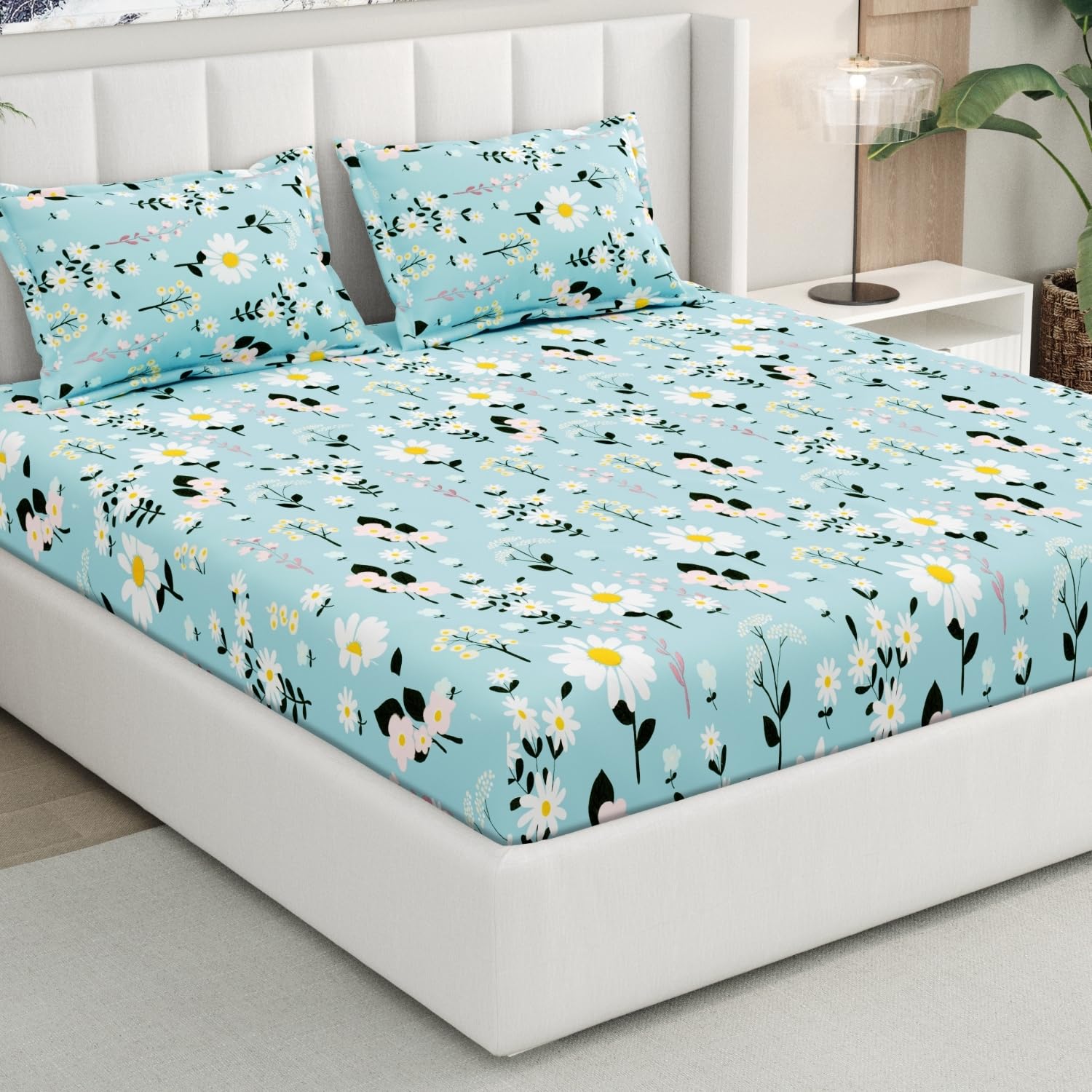 200 TC Ultrasoft Cotton Double Bed Fitted Bedsheet with 2 Pillow Covers for Double Queen Size Bed | Floral Print Aqua Blue | 72x78x10 Inch-picture-13