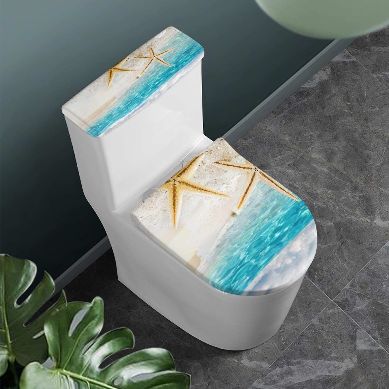 GLENLCWE Hawaiian Starfish on Beach Toilet Lid Cover and Toilet Tank Cover 2Pcs Mushroom Toilet Seat Cover and Tank Lid Covers Stretch Toilet Covers Set for Bathroom