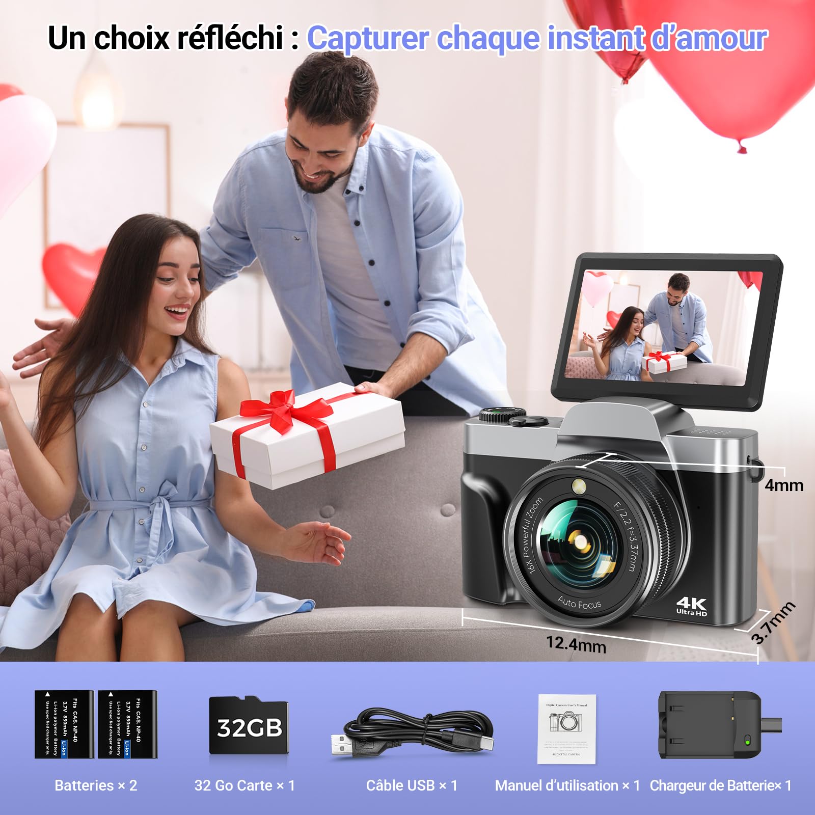 Appareil Photo Numérique avec WiFi 4K 64MP, WiFi Appareil Photo Compact avec Écran Rotatif 3” 180°, Zoom Numérique 16X, Autofocus, Flash, 2 Batteries & Carte 32GB, Idéal pour Adolescents, Débutants