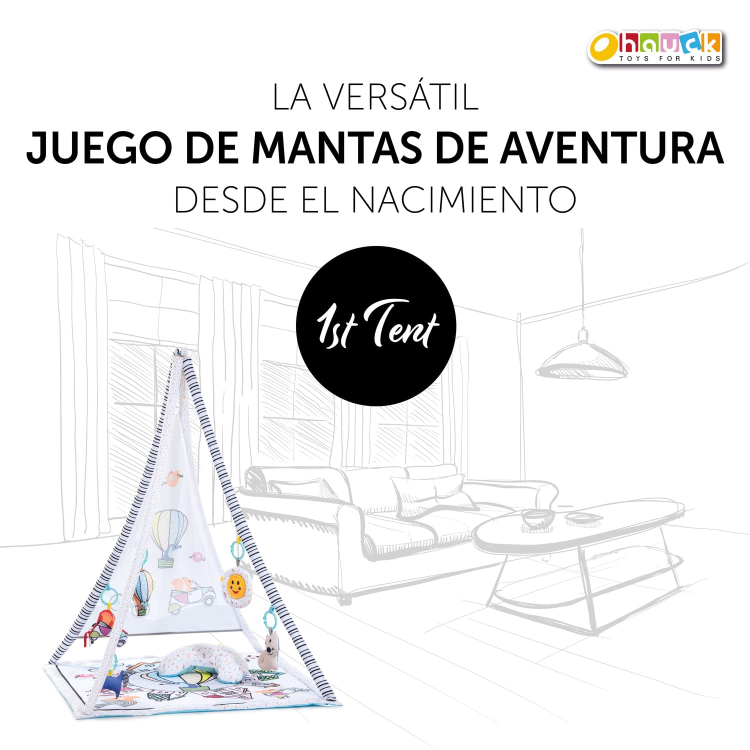 hauck Baby Play 1st Tent Gimnasio Bebe, con Colchoneta, Desde el Nacimiento, Arco de Juego Extraíble, Manta de Actividades, 5 Juguetes Sensoriales, Cojín de Media Luna, Balloon Ride White