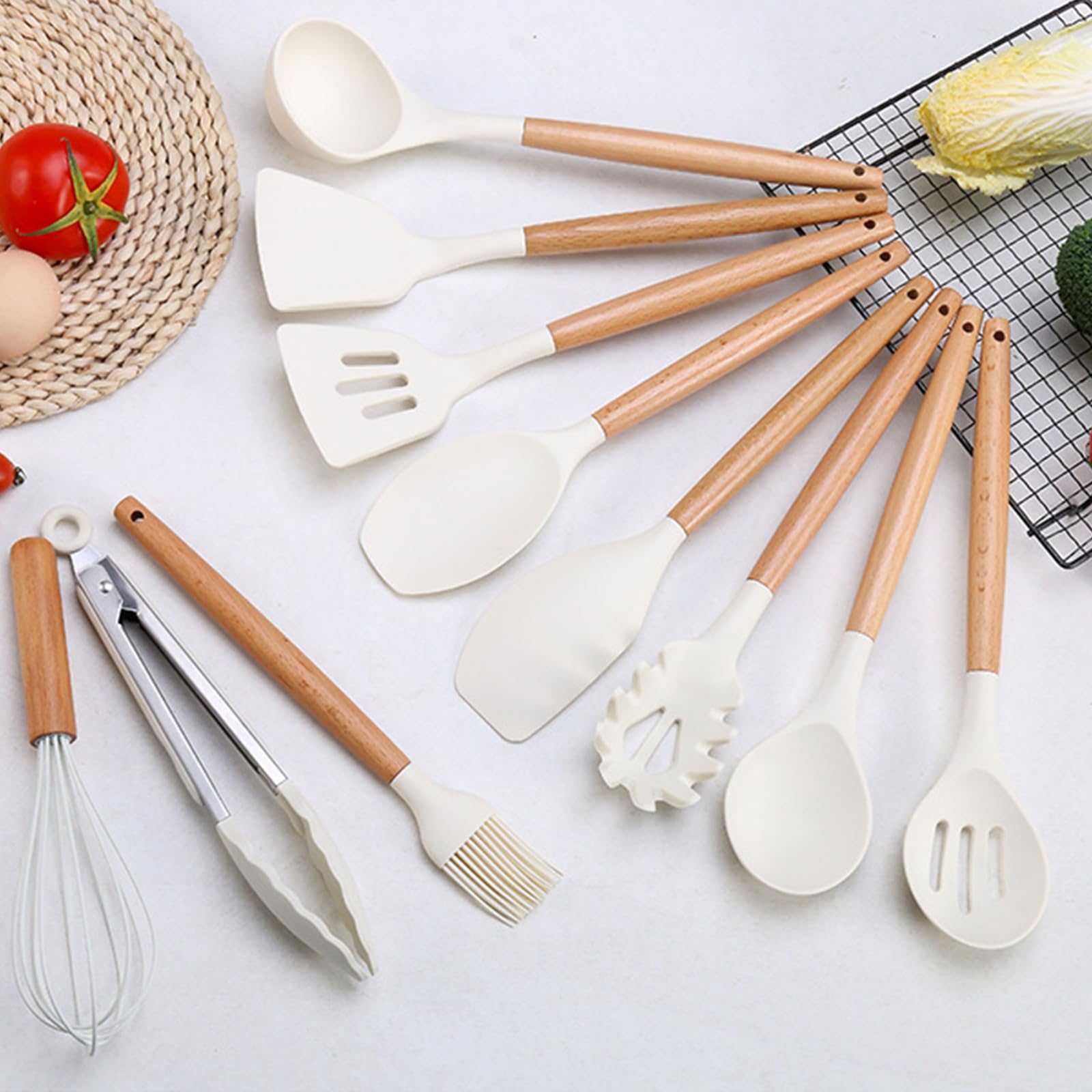 Juego de 24 espátulas de silicona, juego de utensilios de silicona con mango de madera, espátula de cocina de silicona multiusos, antiadherente, con cubo de almacenamiento