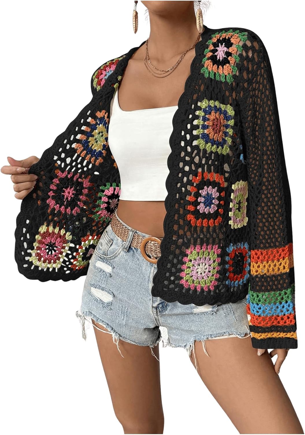 SHENHE Women's Floral Crochet Cardigan Hollow Out Open Front Long Sleeve Cardigan Sweater - Image 2