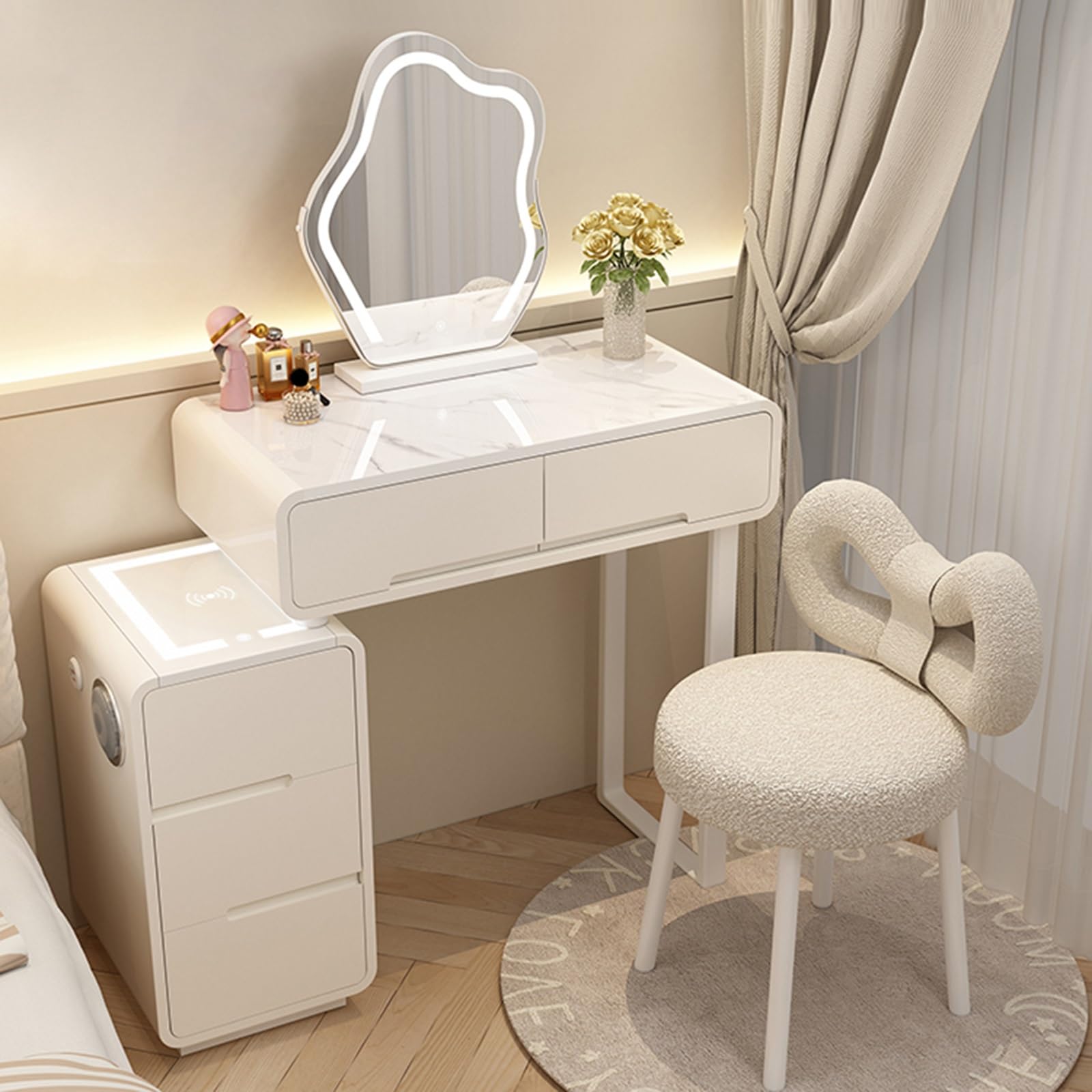 asdchZen Led Lighted White Vanity Set, Makeup Table With Mirror & Cushioned Stool, Stylish Dressing Table For Girls & Women, Perfect Bedroom Furniture,Type-b-50cm/19.7in