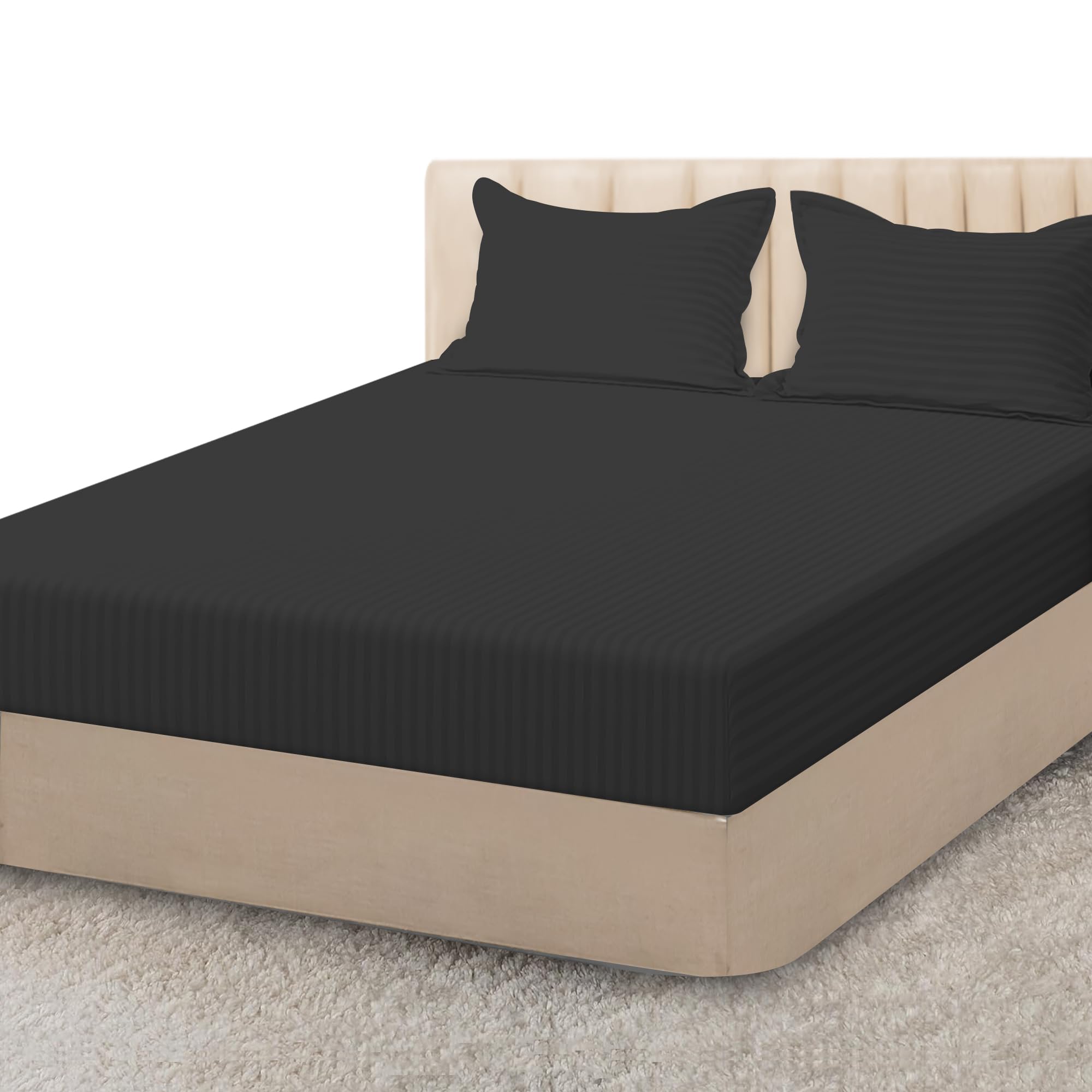Sunshine Comforts Satin stripe Fitted Sheets Breathable, Anti Wrinkle 25cm Deep Pocket Single Bed Sheets Black Bedding & Linen- Single Bedding 90 X 190 CM Single Fitted Sheet