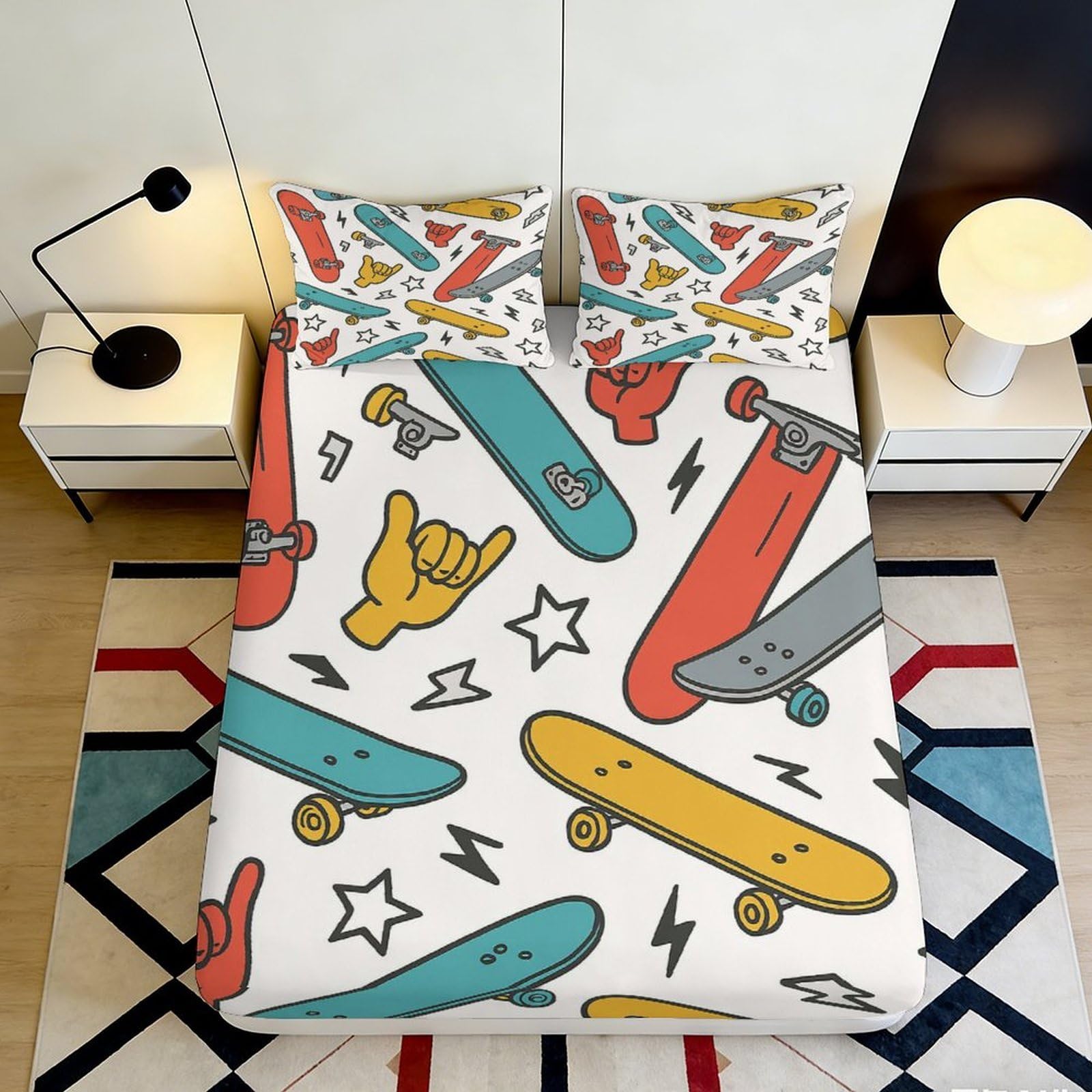 3D Printed Skateboard Graffiti Fitted Sheet Microfiber Anti-Slip Mattress Cover for Bedroom Youth Decor Easy Care 160x200x25cm