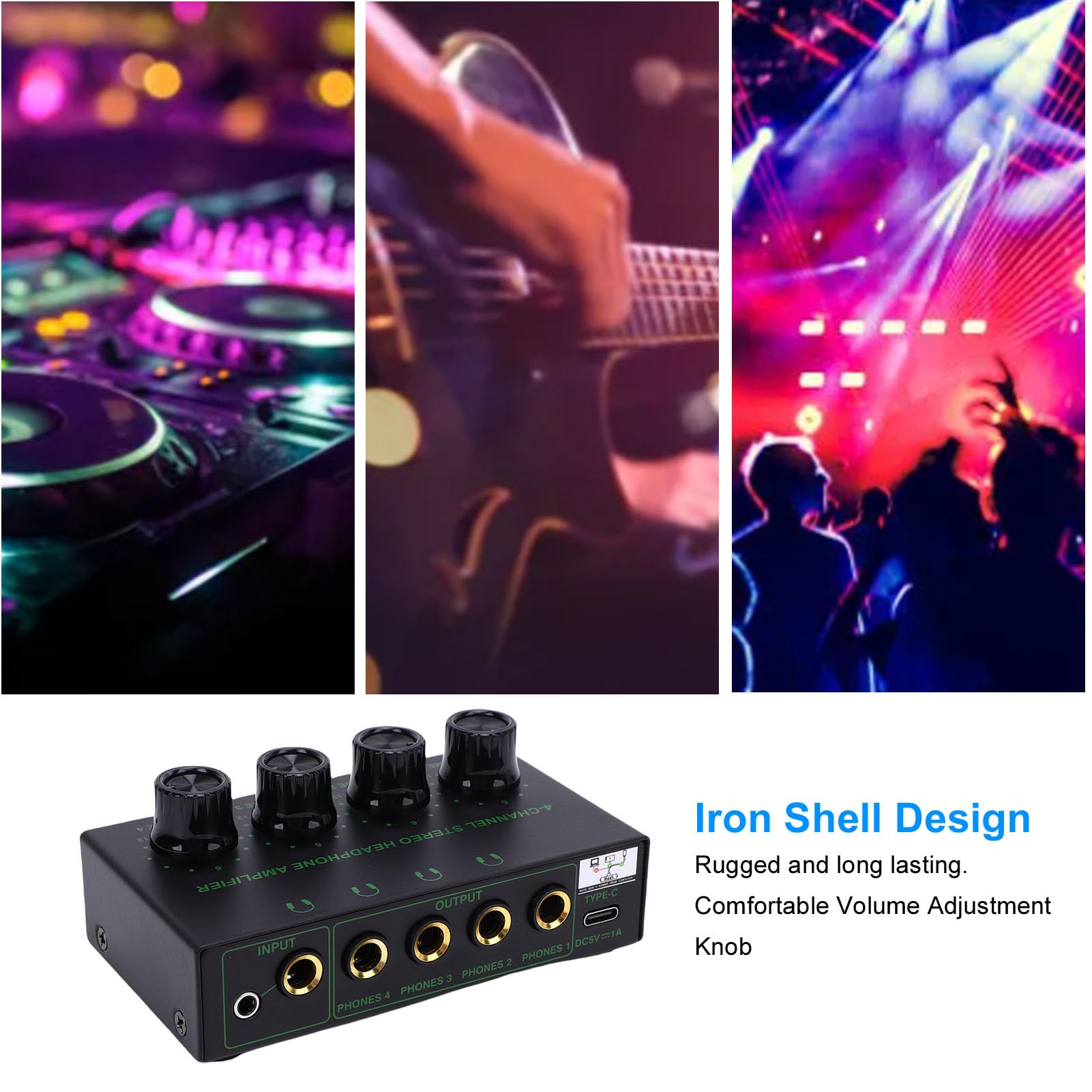 PolyGen Amplificatore per cuffie 4 canali con ingresso di alimentazione USB, uscita da 100 mW e robusto involucro in metallo, amplificatore per cuffie portatile audio stereo TRS