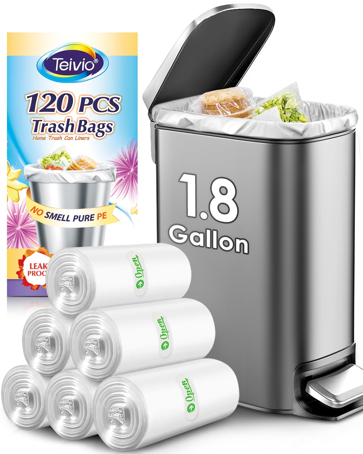 Teivio 1.8 Gallon 120 Counts Strong Trash Bags Garbage Bags, Bathroom Trash Can Bin Liners, Small Plastic Bags for home office kitchen, Clear