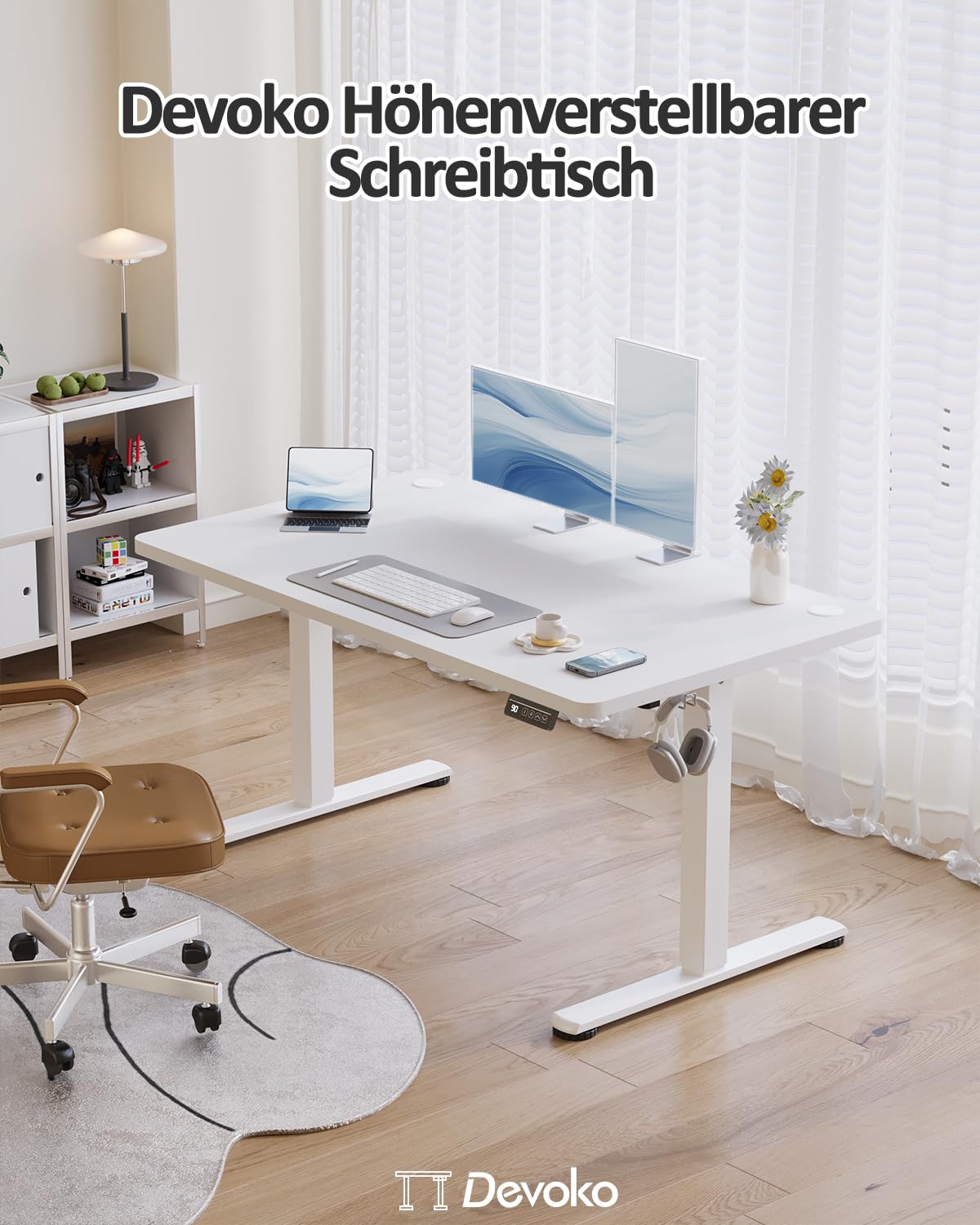 Devoko Elektrisch Höhenverstellbarer Schreibtisch 120 x 60cm, Steh-Sitz Bürotisch mit Memory-Funktion, Weiß
