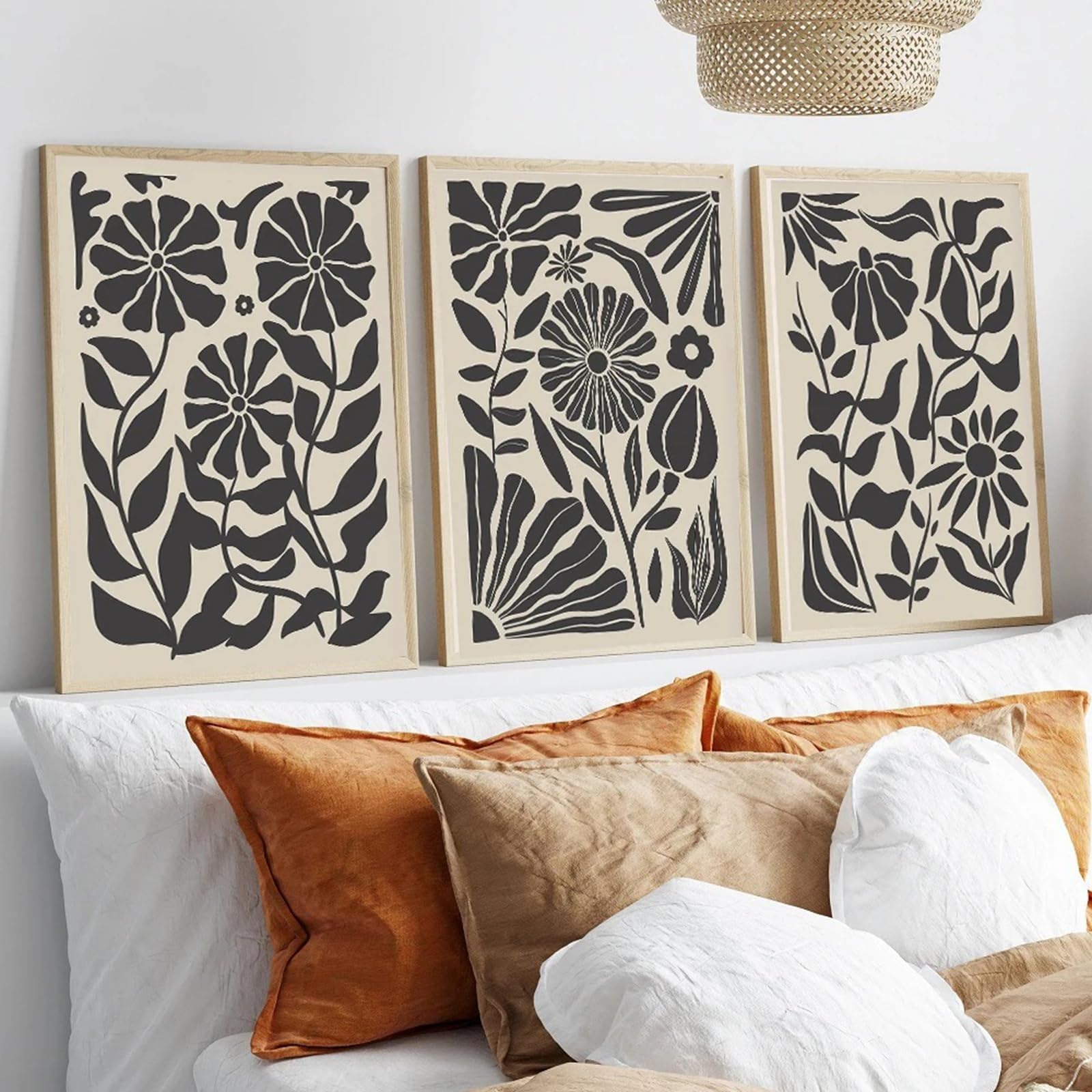 ZBELLO Set of 3 Posters, Boho Beige and Black Abstract Floral And Plant Wall Art, Neutral and Minimalist Aesthetic for The Living Room, Bedroom, Bathroom and Office, Unframed (21x30cm)