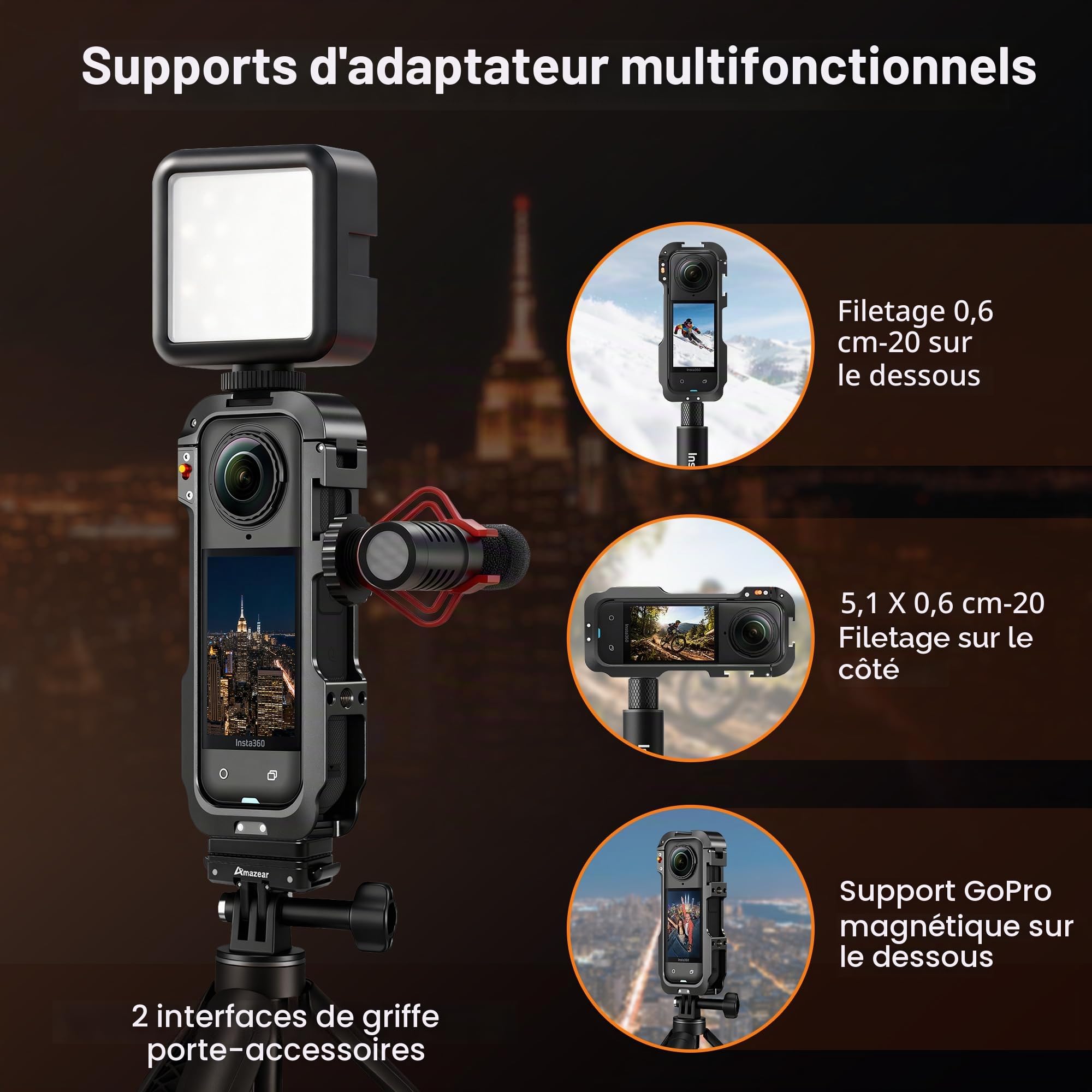 Amazear Étui de Protection métal Insta360 X5, Cadre Utilitaire, Construction Solide, Cage Aluminium Verrouillage Rapide,Gris Acier Métallisé