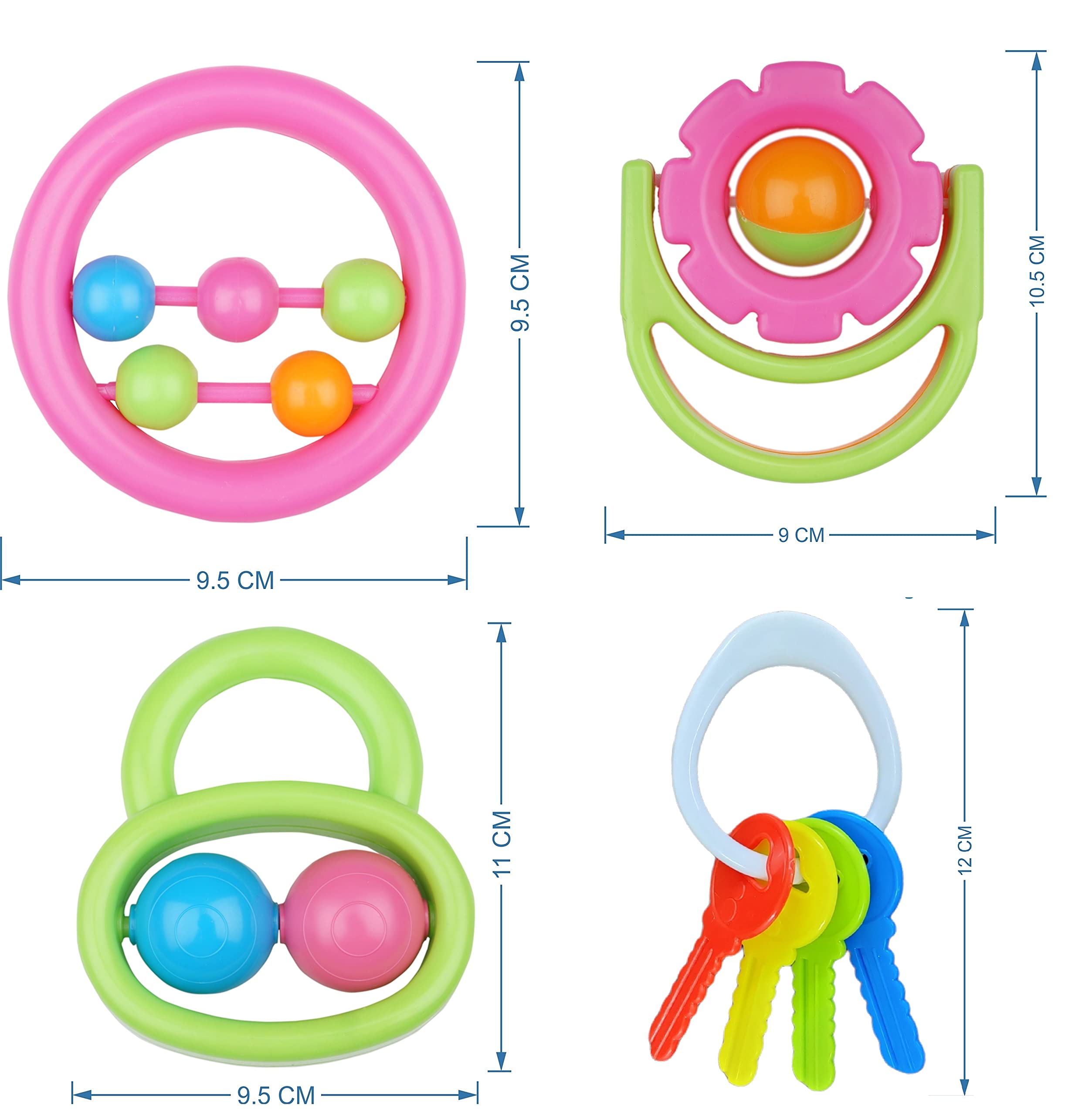 Little Innocents BPA-Free Non Toxic Colorful Plastic 3 Shake & Grab Rattles & 1 Soothing Key Teether for Babies & Infants, Early Age Toys for New Borns(4Pcs-Multicolor)… 4