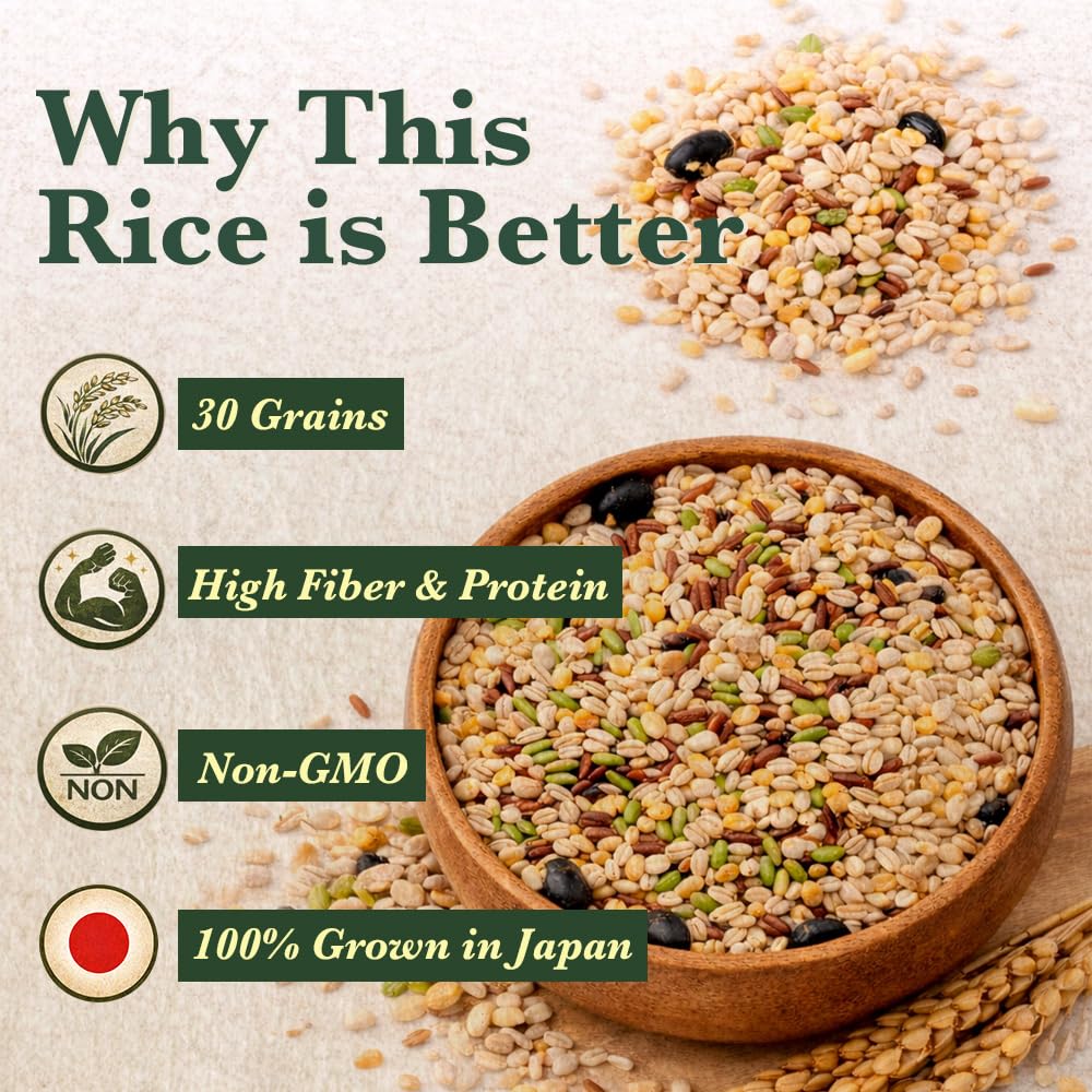 30-Grain Multigrain Rice Mix from Japan – Mixed Grains Blend with Barley, Beans & Sesame for Buddha Bowls & Burritos, Whole Grains, Non-GMO, High Fiber, Just Mix with White Rice, Easy to Cook (240g)