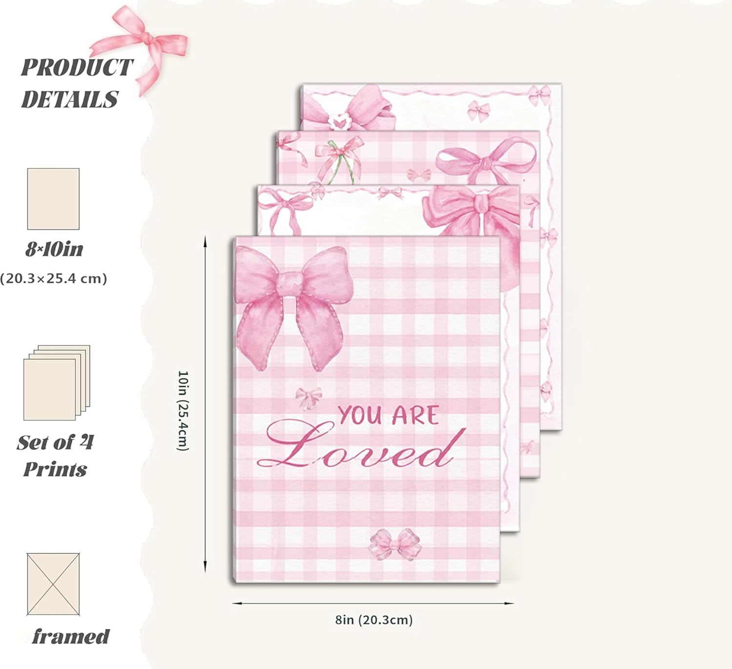 4Pcs Trendy Pink Bow Canvas Wall Art Cute Preppy Watercolor Cherry Bow Inspirational Positive Affirmations Pictures Wall Decor Posters Prints Girly Aesthetic for College Apartment Bedroom Decoration