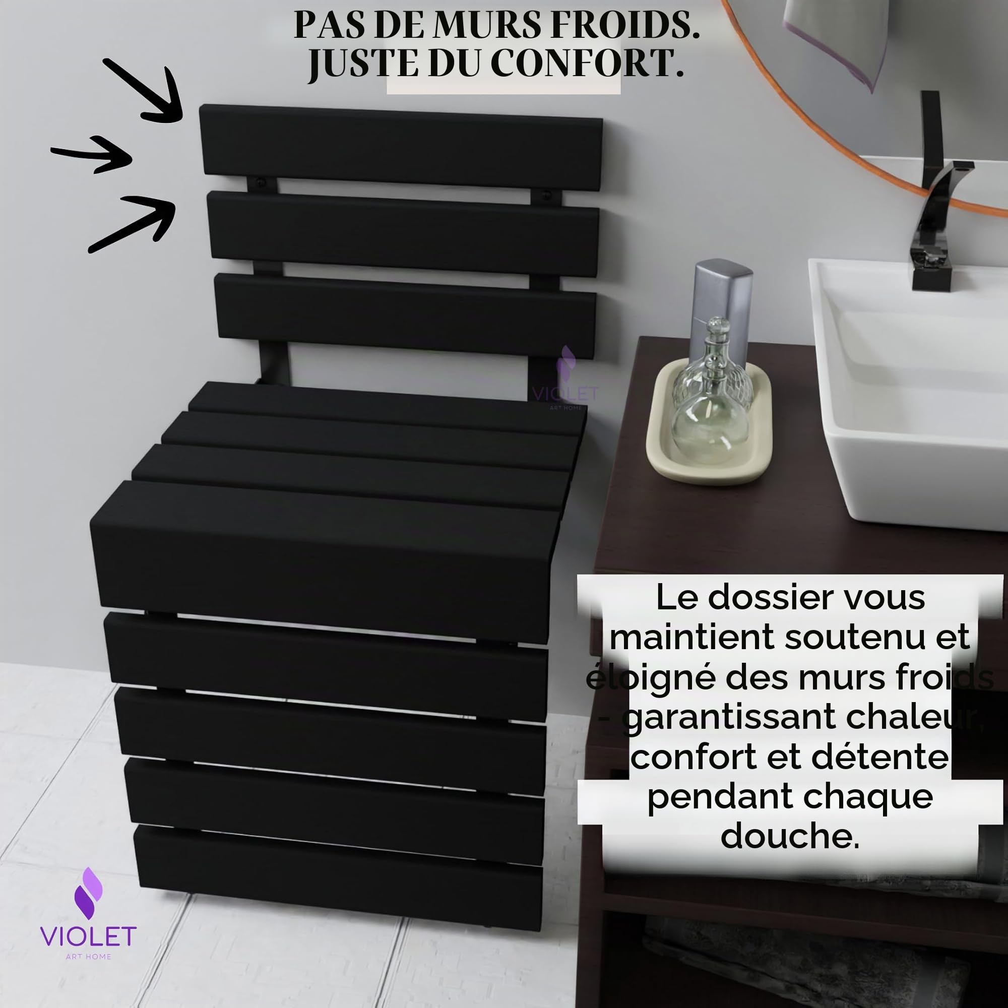 Siège de douche mural pliable en bois de teck avec dossier, tabouret de salle de bain pliable avec pieds, matériaux de qualité supérieure, fabriqué à la main, économie d'espace et chaise super sûre