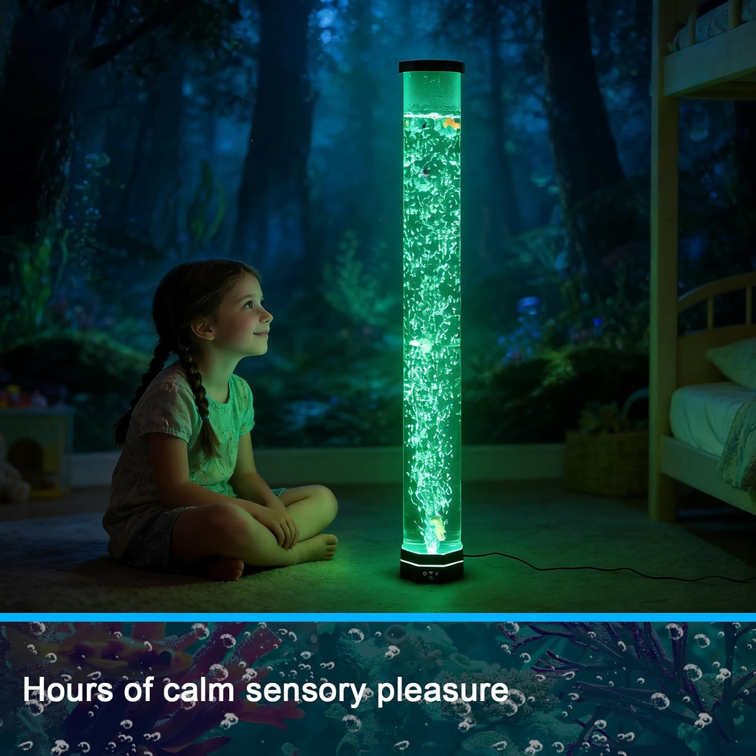 3.6FT Extra Wide Sensory Bubble Tube Lamp - 120mm Premium Acrylic Floor Lamp with 9 Floating Fish & 3-Speed Bubbles, 16 Color Changing LED Light for Autism, ADHD, Calming & Bedroom Decor