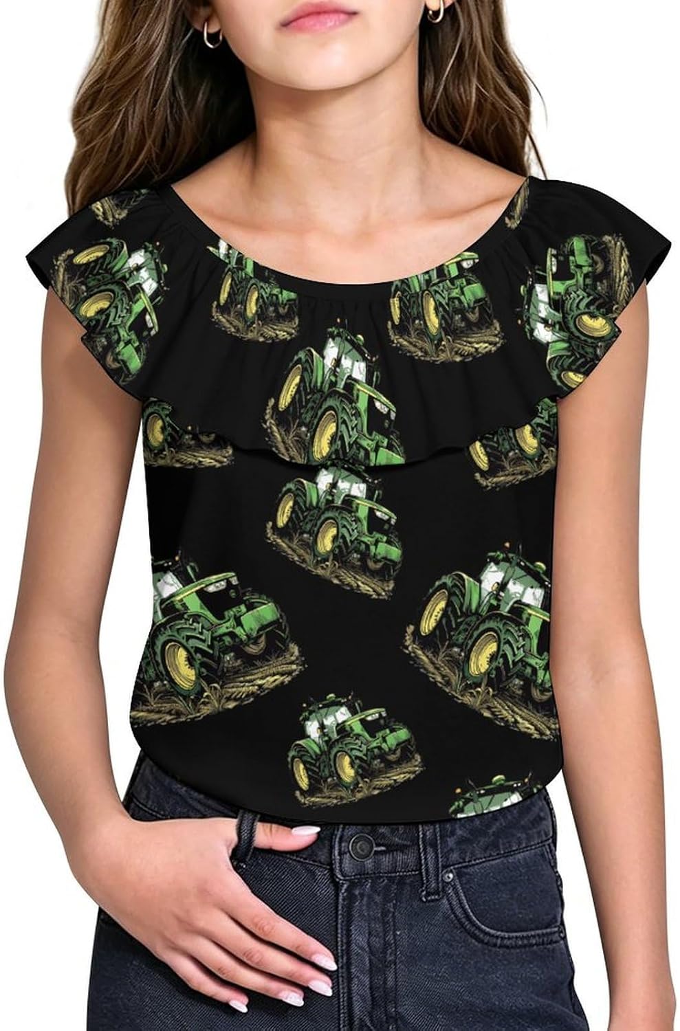 Farm Tractor Girls T-Shirts Top Ruffle Short Sleeve Blouse Casual Graphic Tees