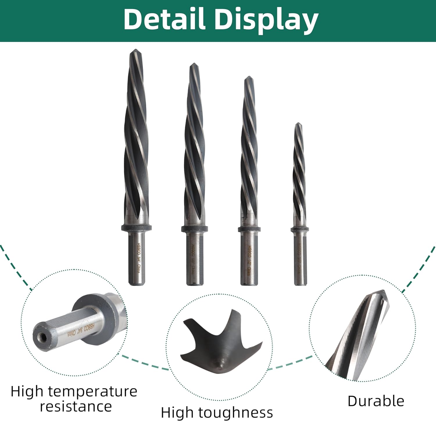 4PCS M35 HSS Taper Chucking Reamer Set 3/8",1/2",5/8",3/4" Fit 3/8" or 1/2" Shank Construction Reamer Drill Bit Bridge Also for Wood Alloy Steel Metal Align The Existing Hole and Expand The Reamer