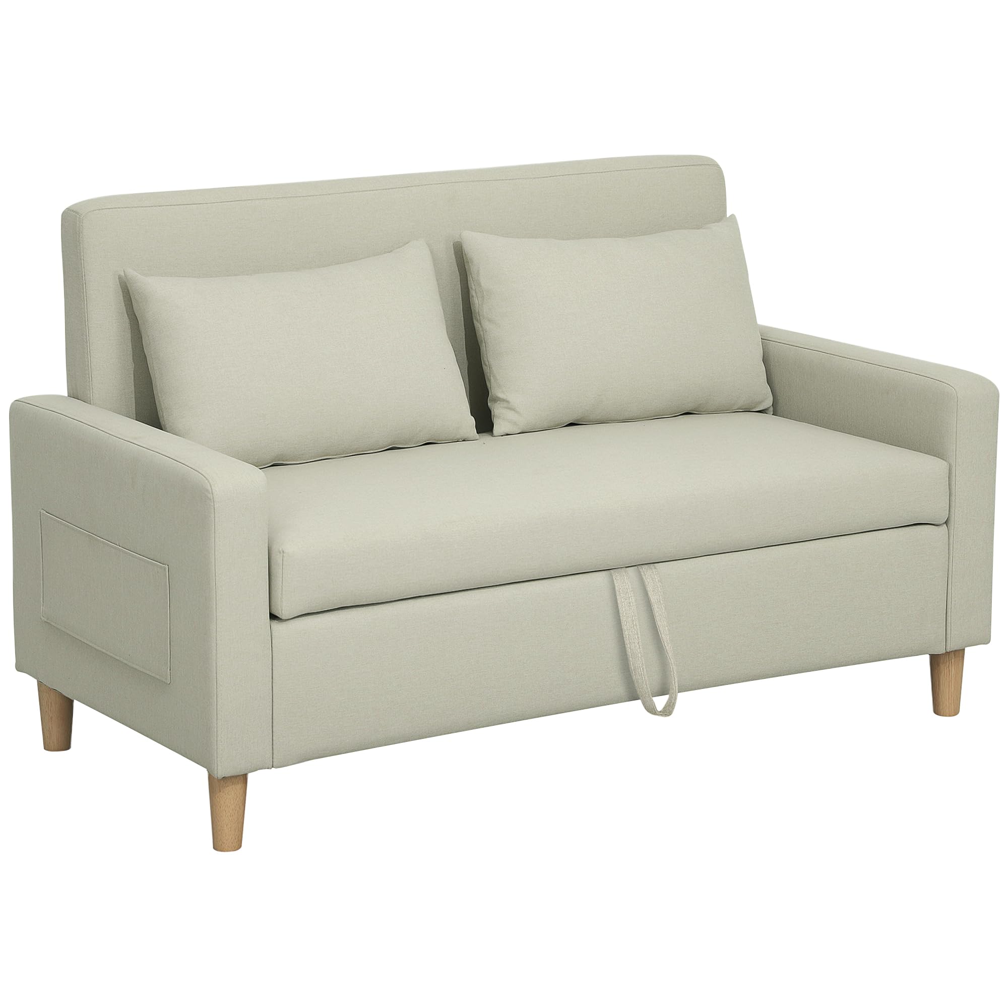 HOMCOM Sofá de 2 Plazas Tapizado en Lino Sintético con Espacio de Almacenamiento Oculto Sofá de Salón con 2 Almohadas Bolsillo y Patas de Madera Carga 240 kg 135x72x84 cm Beige