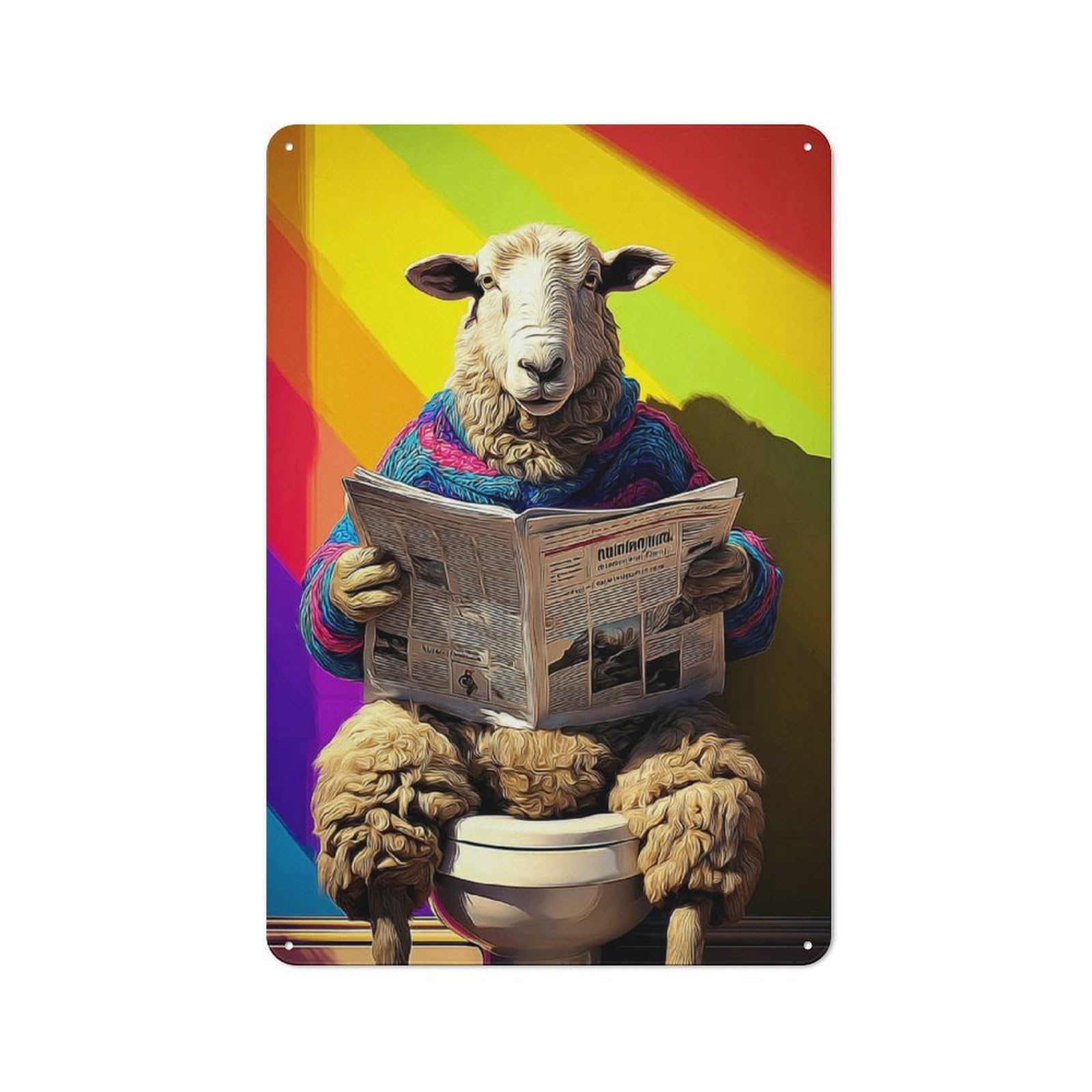 Junmoney Rainbow Sheep Reading Newspaper Metal Plaque With Design 30X20cm, Cosy Diner Style Decor For Coffee Bar, Kitchen, Bistro Or Tea Corner